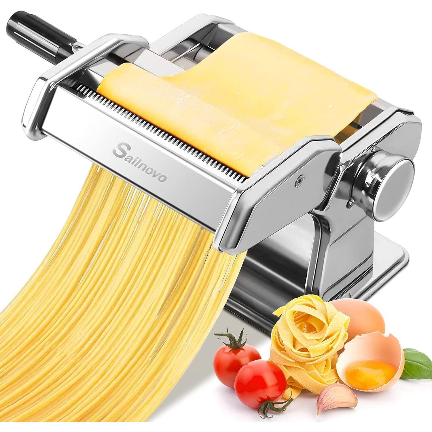 Sailnovo Pasta Maker Machine, 180 Roller Pasta Maker, 9 Adjustable Thickness Settings 2-In-1 Noodles Maker With Rollers And Cutter, Perfect For Spaghetti, Fettuccini, Lasagna Or Dumpling Skin Silver