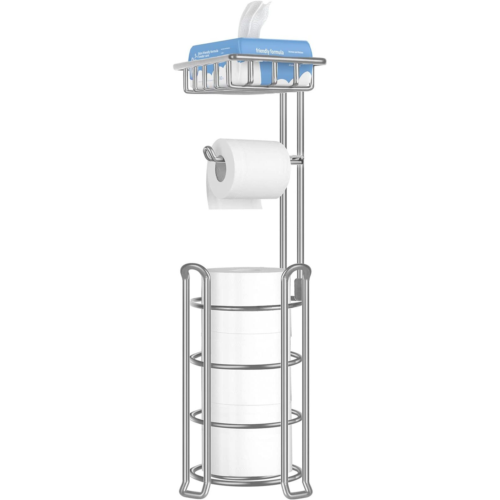 Tomcare Toilet Paper Holder Upgraded Toilet Paper Stand With Raised Feet Metal Bathroom Accessories Tissue Paper Dispenser Free Standing Toilet Paper Roll With Storage Shelf Bathroom Storage Organizer