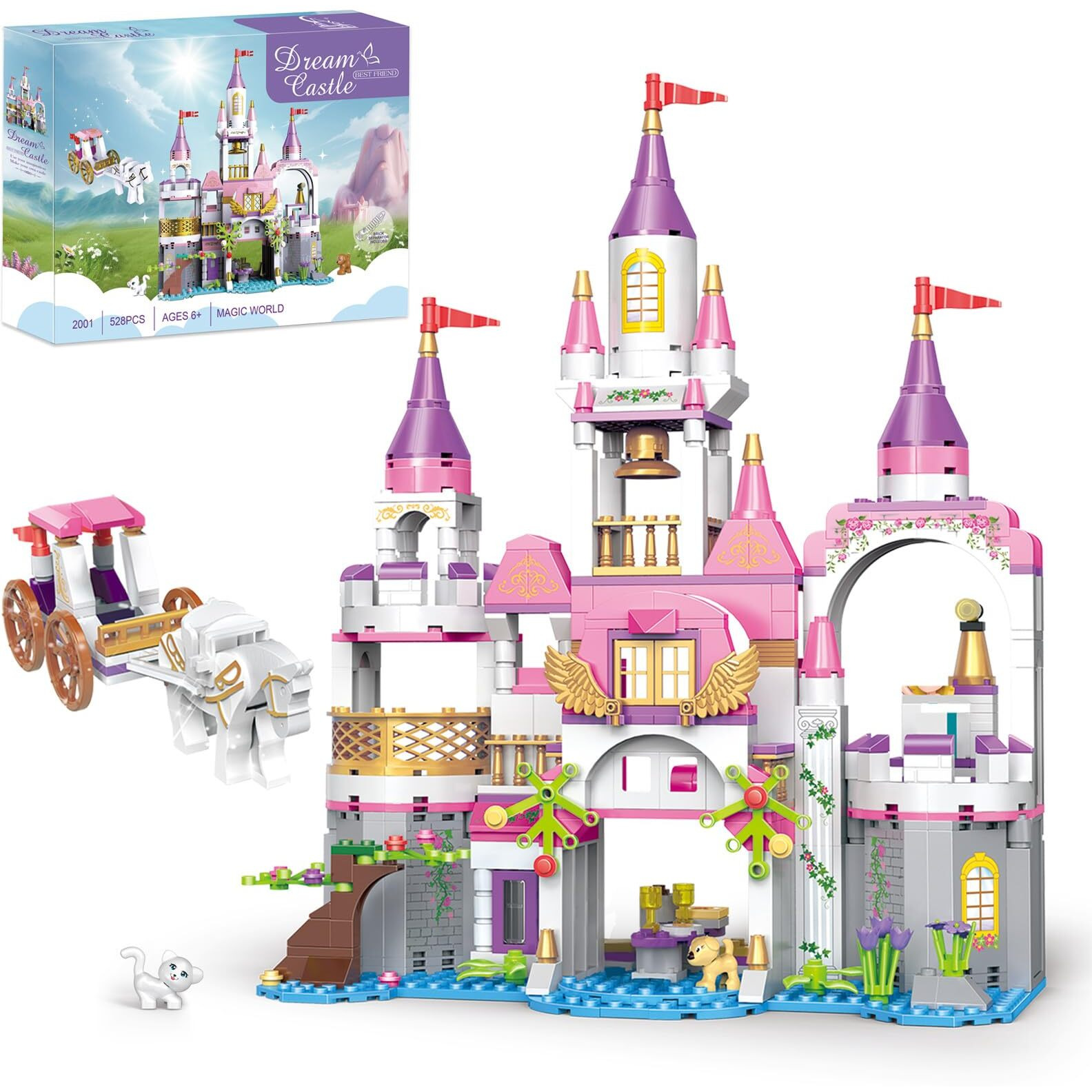 Brick Story Dream Girls Princess Castle With Carriage Building Blocks 516 Pieces Pink Castle Toys For Girls 6-12 Years Old Palace Creative Stem Building Toys Gift For Kids Birthday Christmas