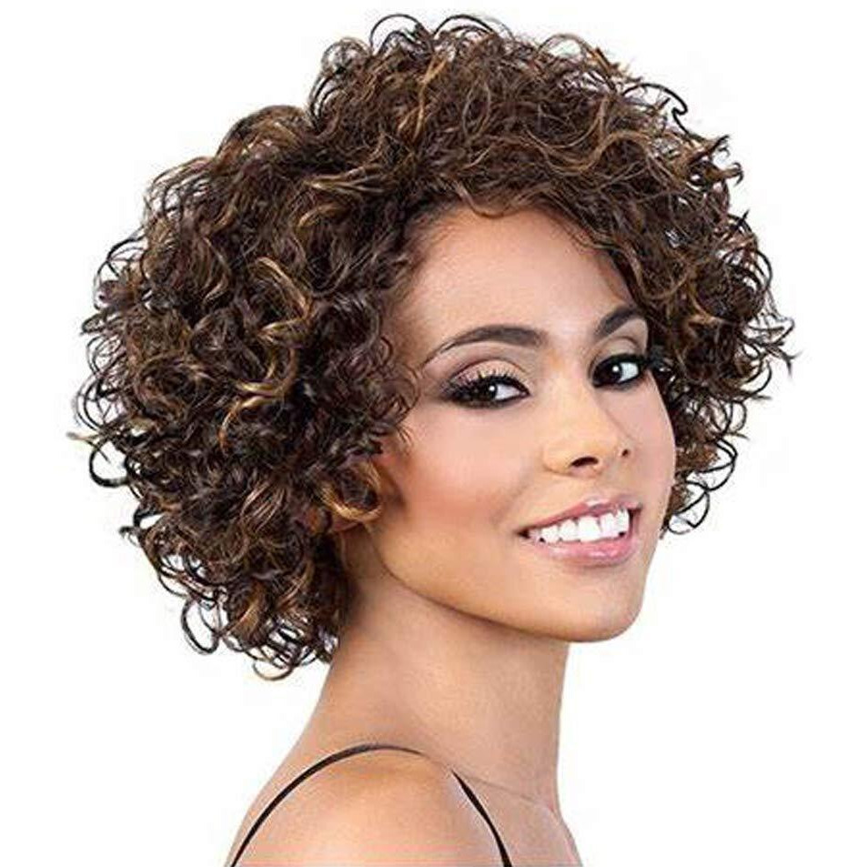 Udu Short Curly Human Hair Wigs For Black Women Glueless Wigs Human Hair Short Curly Wigs With Bangs Highlighted Brown Mixed Color Non Lace Glueless Wigs Piano Colored Wigs Side Part Wigs (P 4/30)