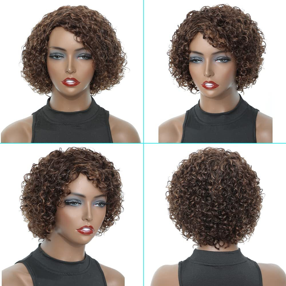 Udu Short Curly Human Hair Wigs For Black Women Glueless Wigs Human Hair Short Curly Wigs With Bangs Highlighted Brown Mixed Color Non Lace Glueless Wigs Piano Colored Wigs Side Part Wigs (P 4/30)