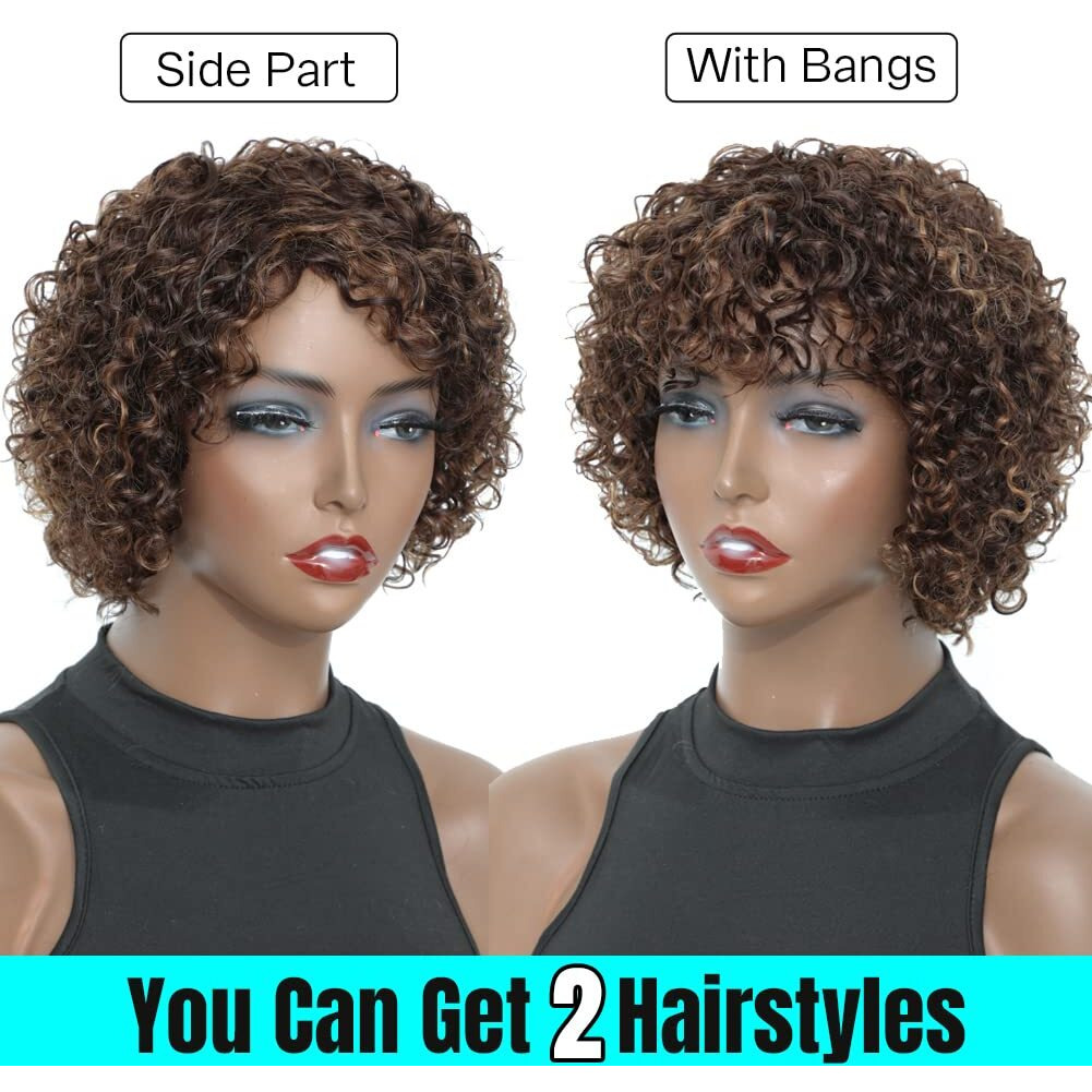 Udu Short Curly Human Hair Wigs For Black Women Glueless Wigs Human Hair Short Curly Wigs With Bangs Highlighted Brown Mixed Color Non Lace Glueless Wigs Piano Colored Wigs Side Part Wigs (P 4/30)