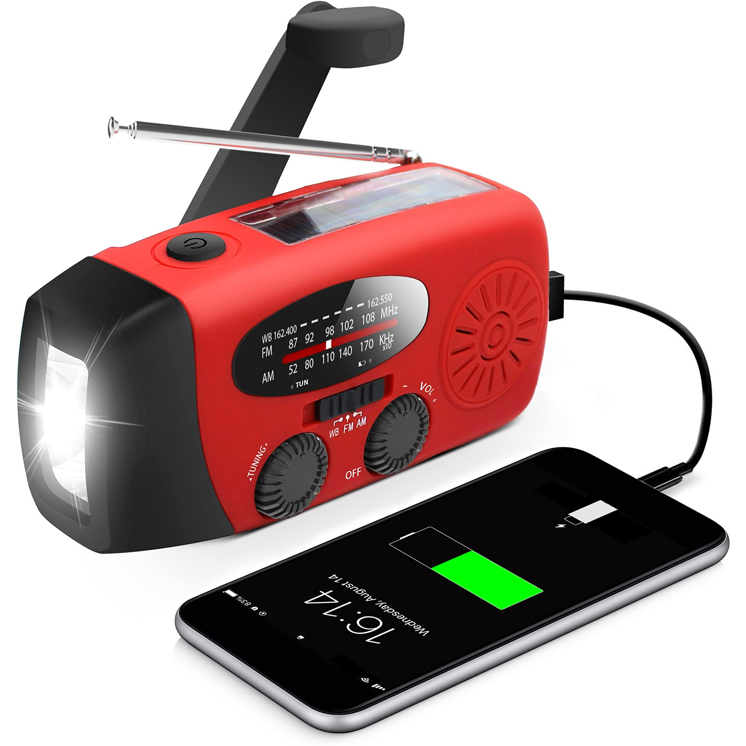 Emergency Hand Crank Radio With Led Flashlight For Emergency, Am/Fm Noaa Portable Weather Radio With 2000Mah Power Bank Phone Charger, Usb Charged & Solar Power For Camping, Emergency