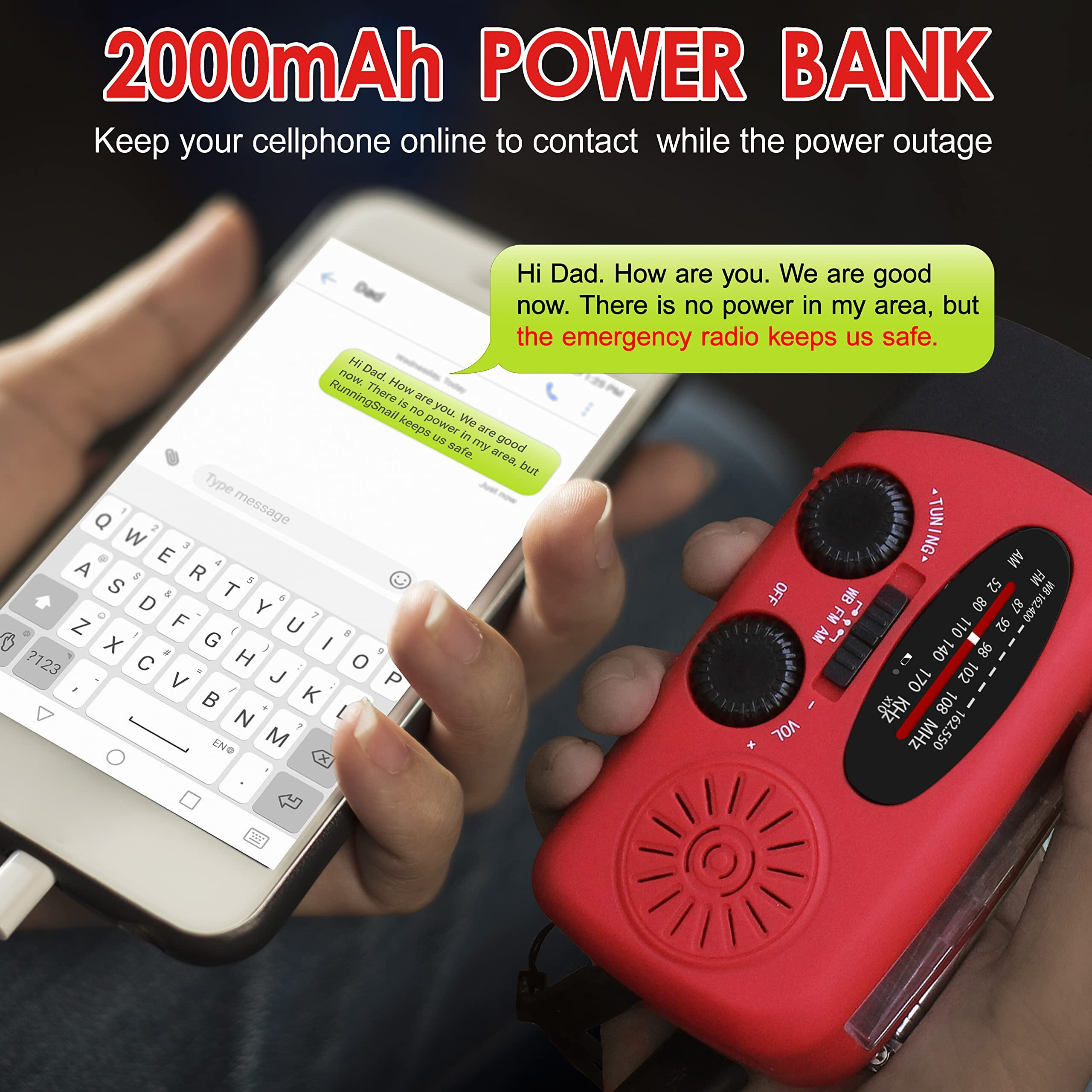 Emergency Hand Crank Radio With Led Flashlight For Emergency, Am/Fm Noaa Portable Weather Radio With 2000Mah Power Bank Phone Charger, Usb Charged & Solar Power For Camping, Emergency