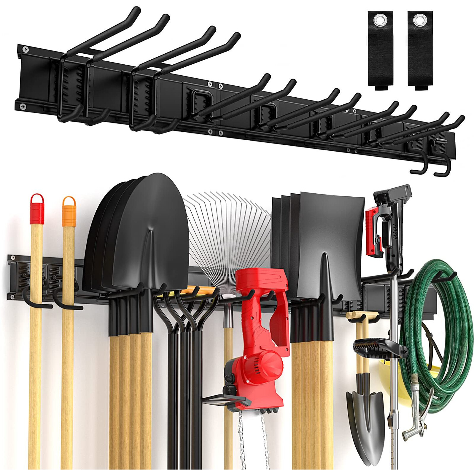 Garage Tool Organizer Wall Mount 11 Pcs, Yard Garden Tool Organizer, Adjustable Garage Organizers With 8 Heavy Duty Hooks, Max Load 500Lbs Garage Storage For Garden Tools, Shovels, Trimmers, Hoses