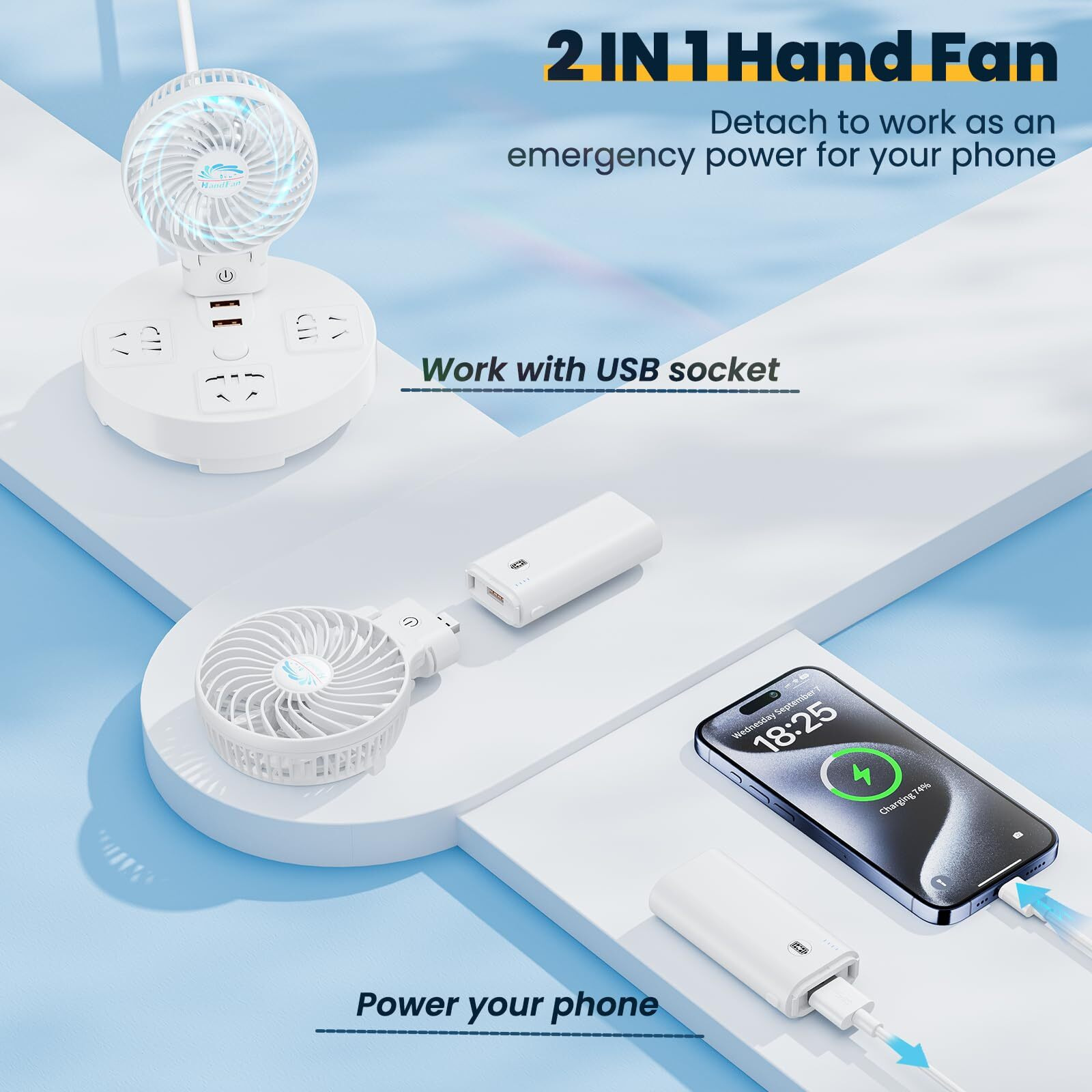 Handfan 5200Mah Portable Handheld Fan, Foldable Personal Fan, Battery Operated Rechargeable Fan, Portable Charger Design, 3 Speeds,5-20H Working Time, For Travel, Outdoors, Indoors-White