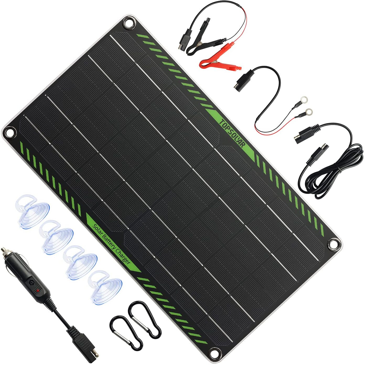 Topsolar 10 Watt 12 Volt Solar Trickle Charger 10W 12V Solar Panel Car Battery Charger Portable Solar Battery Maintainer For Car Motorcycle Boat Marine Rv + Cigarette Lighter Plug Alligator Clip