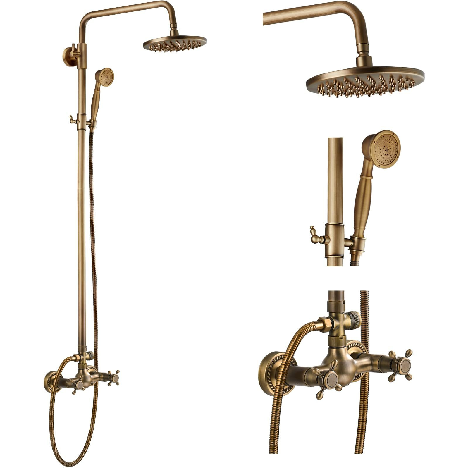 Gotonovo Exposed Bathroom Shower Faucet Set Shower Fixture 8 Inch Rainfall Shower Head Handheld Shower Cross Handle Wall Mount 2 Functions Antique Brass