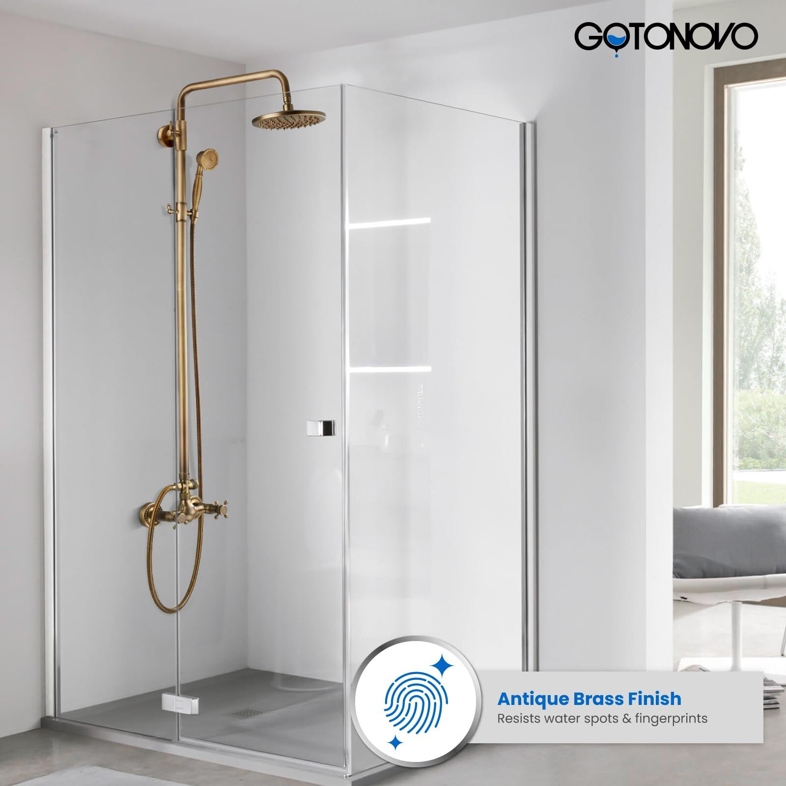 Gotonovo Exposed Bathroom Shower Faucet Set Shower Fixture 8 Inch Rainfall Shower Head Handheld Shower Cross Handle Wall Mount 2 Functions Antique Brass
