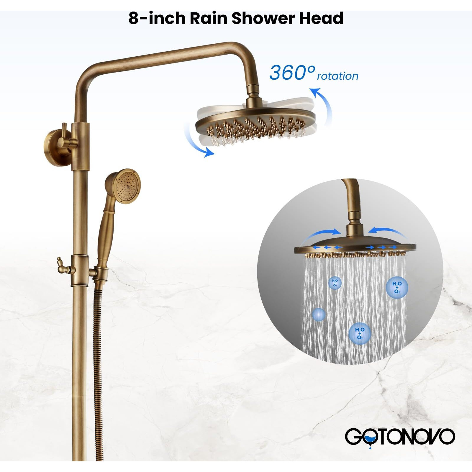 Gotonovo Exposed Bathroom Shower Faucet Set Shower Fixture 8 Inch Rainfall Shower Head Handheld Shower Cross Handle Wall Mount 2 Functions Antique Brass