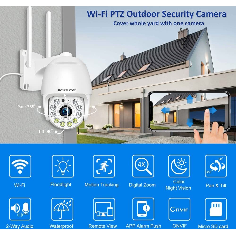 Hosafe.Com Cameras For Home Security Outdoor Wifi, Plug-In 24/7 Video Surveillance System, Spotlight Color Night Vision, Human Motion Detection, Ptz Auto Tracking, Two Way Talk, Waterproof
