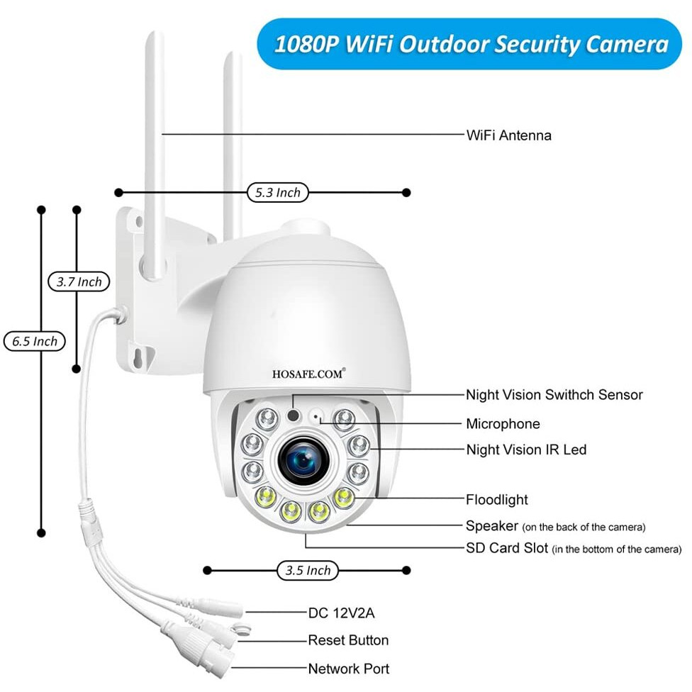 Hosafe.Com Cameras For Home Security Outdoor Wifi, Plug-In 24/7 Video Surveillance System, Spotlight Color Night Vision, Human Motion Detection, Ptz Auto Tracking, Two Way Talk, Waterproof