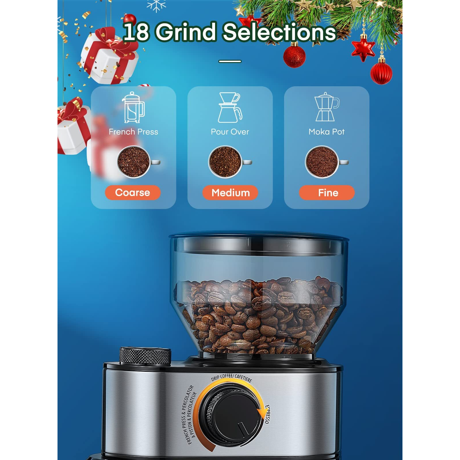 Electric Burr Coffee Grinder, Fohere Coffee Bean Grinder With 18 Precise Grind Settings, 2-14 Cup For Drip, Percolator, French Press, Espresso And Turkish Electric Coffee Makers, Black