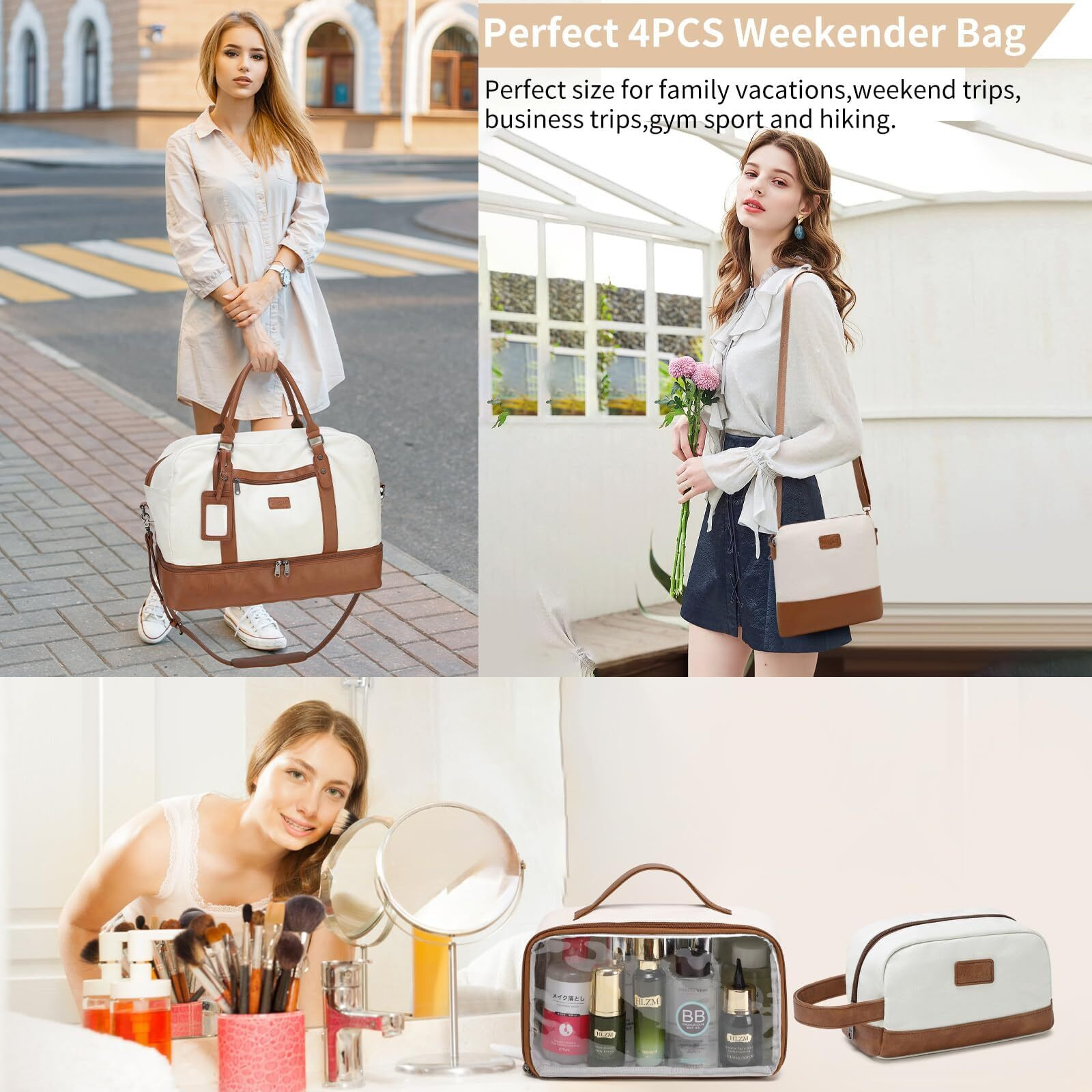 Wogarl 4Pcs Weekender Bags For Women Large Overnight Bag Weekend Travel Duffel Bag Carry On Shoulder With Shoe Compartment Canvas Toiletry Bag For Travel Business Gym,Beige