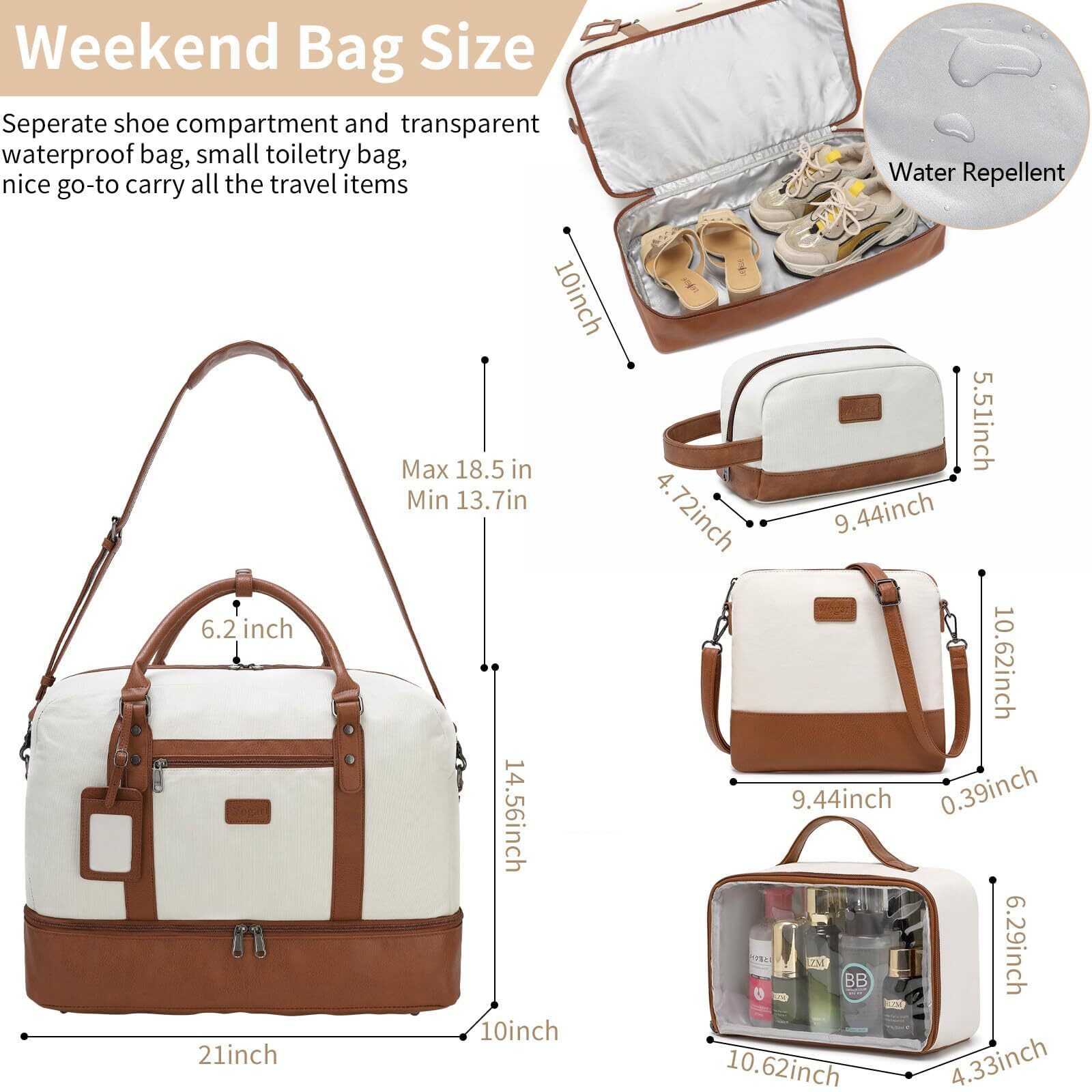 Wogarl 4Pcs Weekender Bags For Women Large Overnight Bag Weekend Travel Duffel Bag Carry On Shoulder With Shoe Compartment Canvas Toiletry Bag For Travel Business Gym,Beige