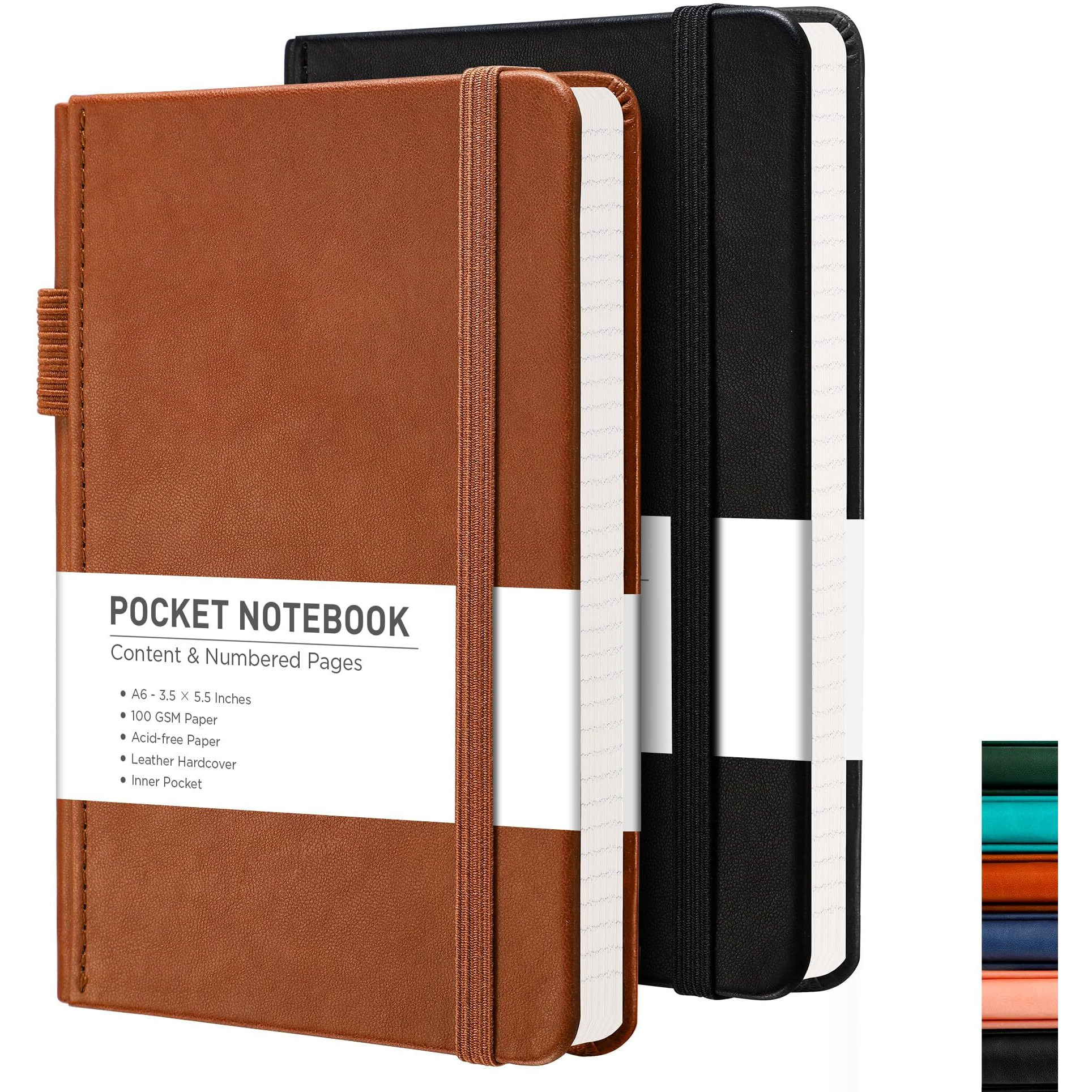 Rettacy Pocket Notebook, 2-Pack, A6 Mini Notebook Journal, Small Lined Notebook Journal With 160 Pages Per Pack, Leather Hardcover, 100 Gsm Paper, Inner Pocket, 3.5""    5.5"" (Black & Brown)