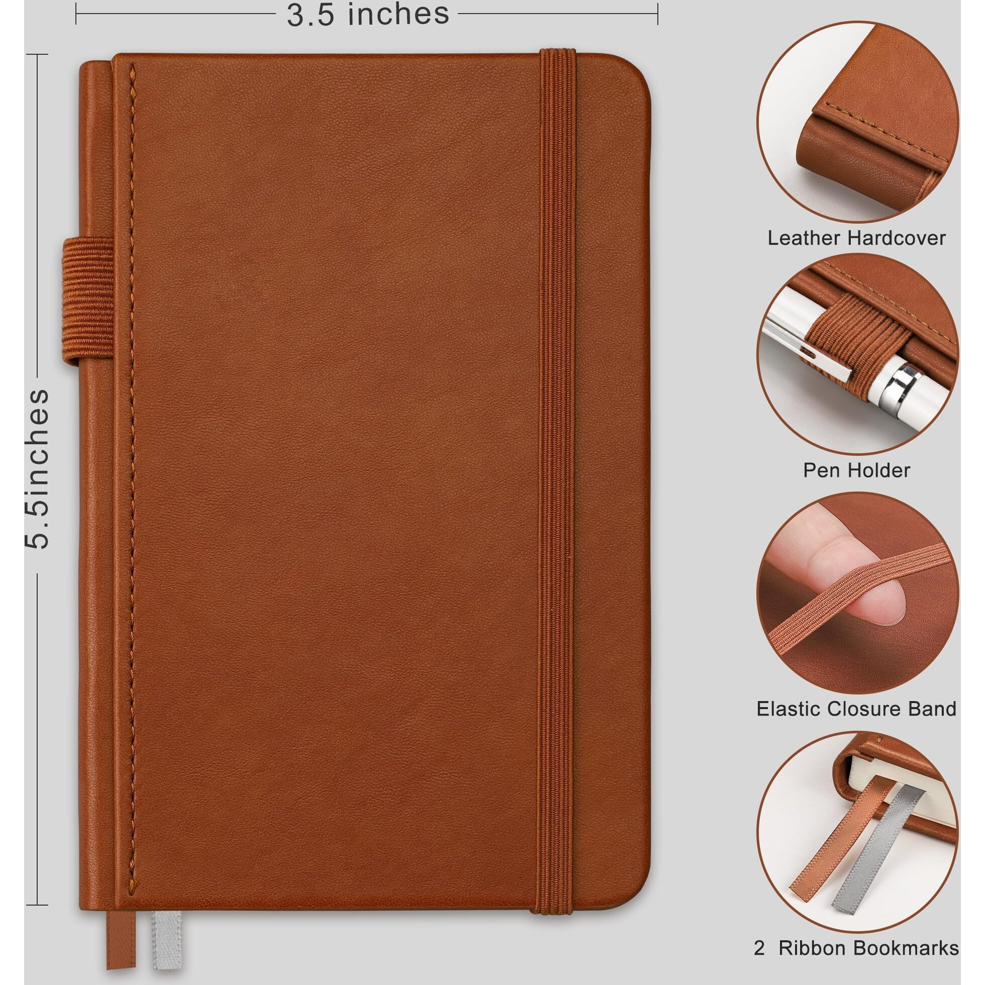 Rettacy Pocket Notebook, 2-Pack, A6 Mini Notebook Journal, Small Lined Notebook Journal With 160 Pages Per Pack, Leather Hardcover, 100 Gsm Paper, Inner Pocket, 3.5""    5.5"" (Black & Brown)