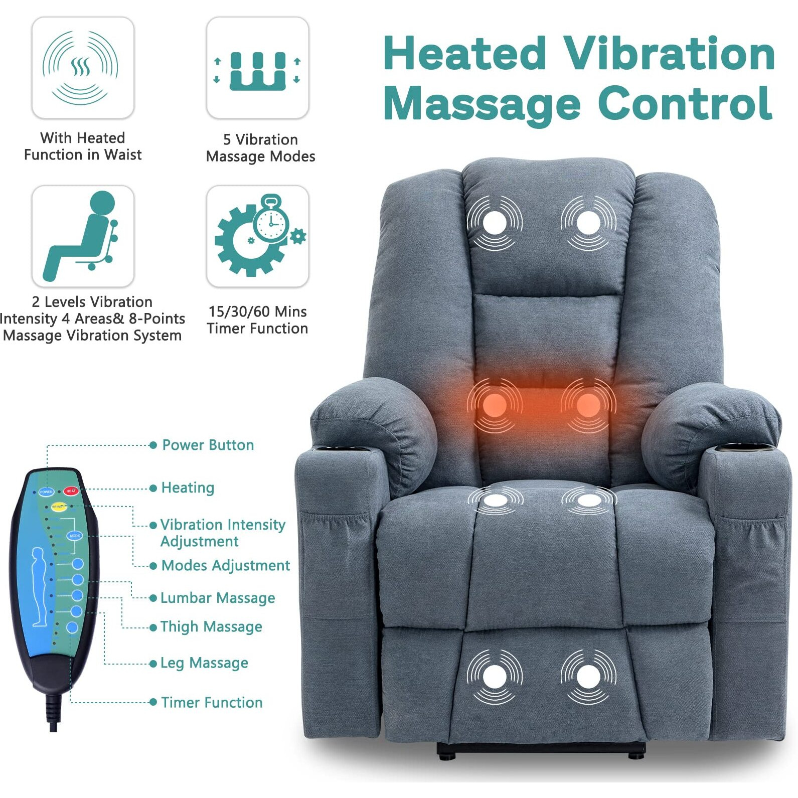 Meetwarm Power Lift Chair Electric Recliner For Elderly Heated Vibration Massage Soft Fabric Recliner Chair With 2 Remote Controls, Usb Ports, Cup Holders & Side Pockets For Living Room (Gray-Blue)