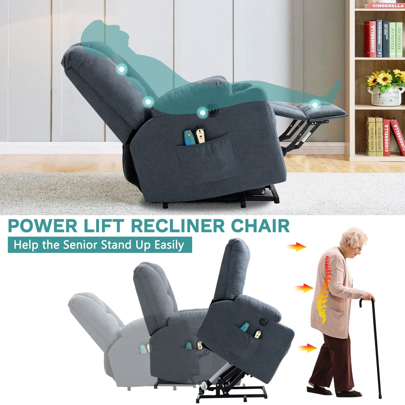Meetwarm Power Lift Chair Electric Recliner For Elderly Heated Vibration Massage Soft Fabric Recliner Chair With 2 Remote Controls, Usb Ports, Cup Holders & Side Pockets For Living Room (Gray-Blue)