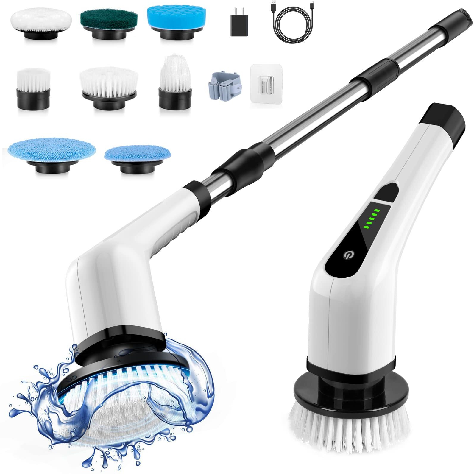 Bomves Electric Spin Scrubber, Cordless Cleaning Brush Scrubber For Home, 400Rpm/Mins-8 Replaceable Brush Heads-90Mins Work Time, 3 Adjustable Size, 2 Speeds For Bathroom Shower Bathtub Glass Car