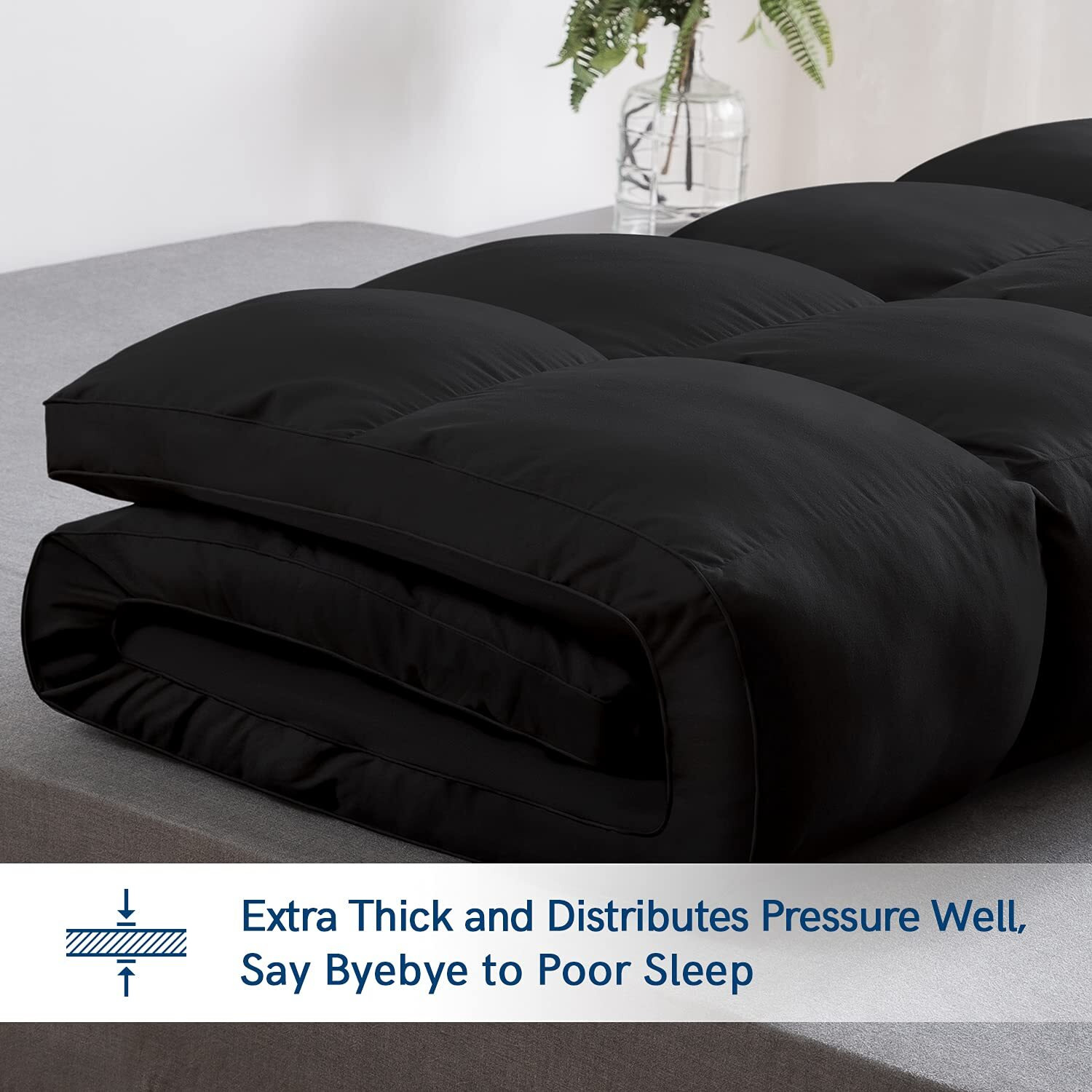 Elemuse Queen Black Mattress Topper For Back Pain, Extra Thick Mattress Pad Cover, Plush Soft Pillowtop With Elastic Deep Pocket, Overfilled Down Alternative Filling