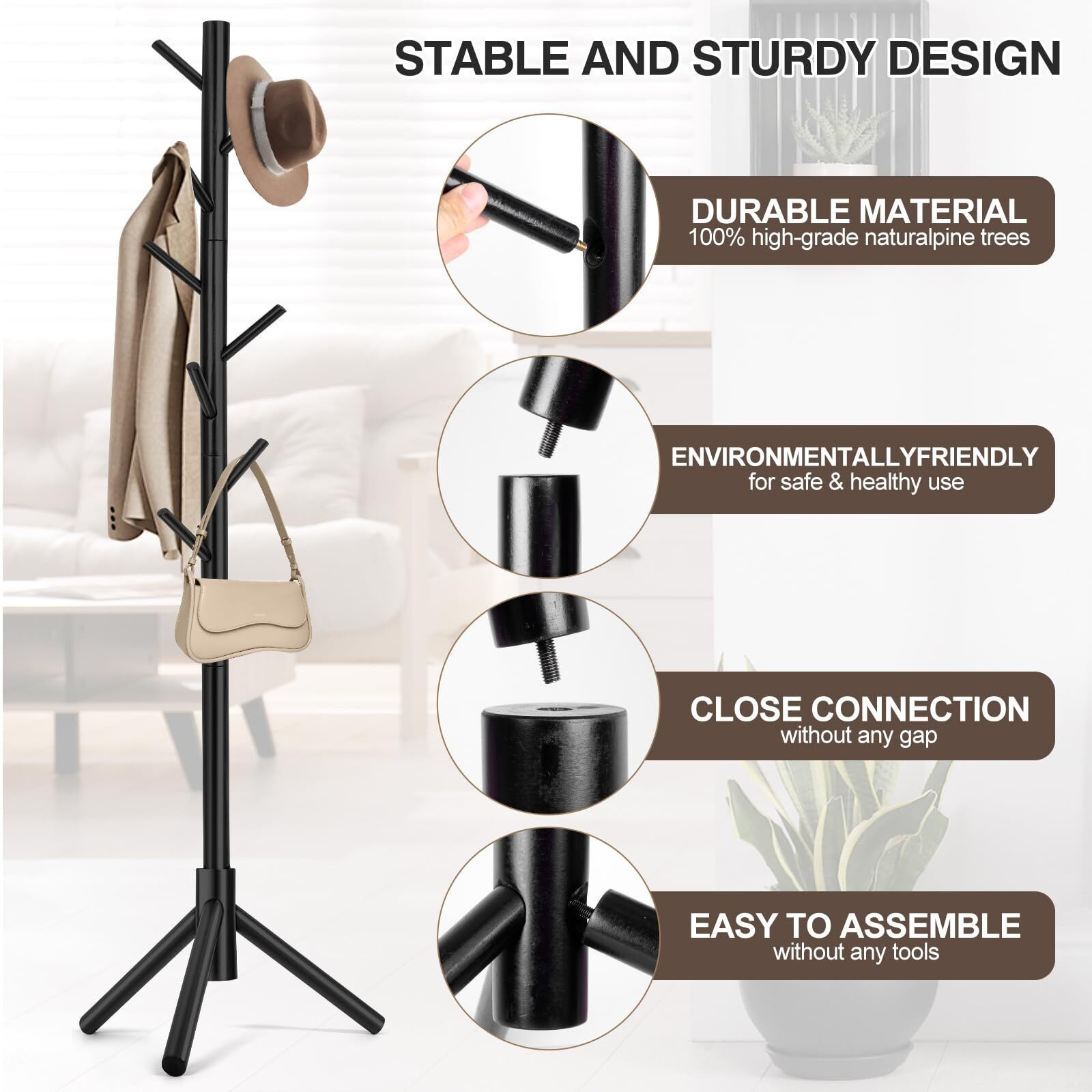 Wangmuxia Coat Rack, Freestanding Coat Rack With 8 Hooks And 3 Adjustable Size Tree Coat Racks For Bedroom, Hallway, Entrance, Office, For Hats, Coats, Scarves, Handbags