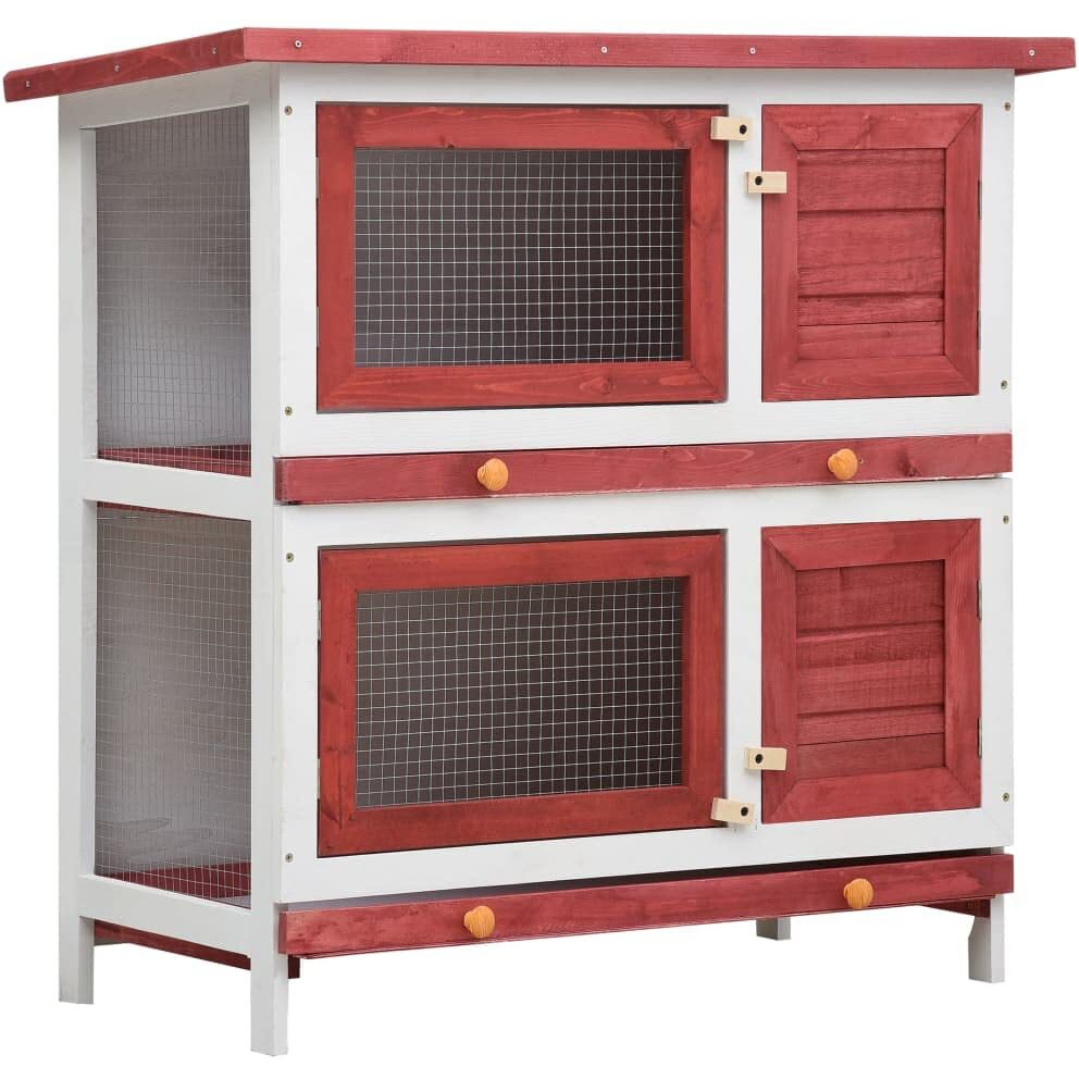 'Vidaxl Outdoor Red Wooden Rabbit Hutch With 4 Doors, Iron Wire Mesh And Two Layers- Durable, Spacious, And Weather-Resistant Pet Shelter