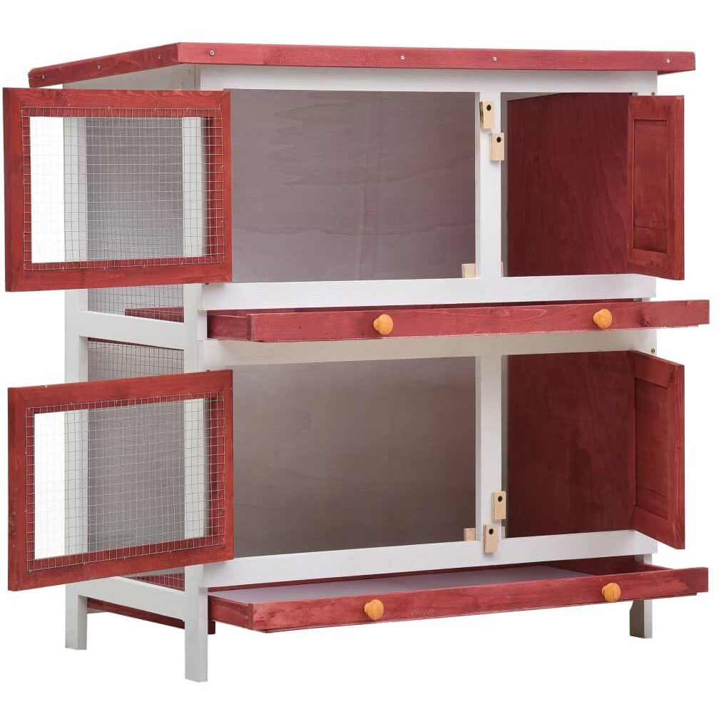 'Vidaxl Outdoor Red Wooden Rabbit Hutch With 4 Doors, Iron Wire Mesh And Two Layers- Durable, Spacious, And Weather-Resistant Pet Shelter