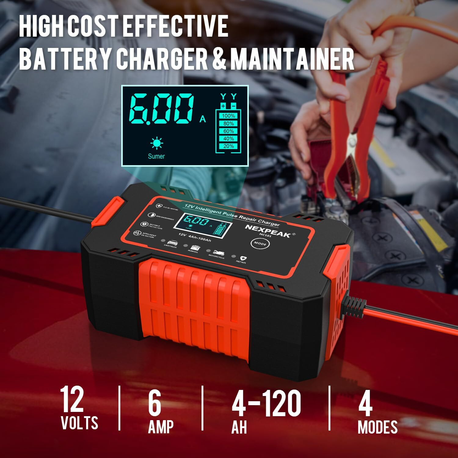 Nexpeak Nc101 Car Battery Charger, Smart Battery Trickle Charger 12V 6A Automotive Battery Maintainer Desulfator With Temp Compensation For Car Truck Motorcycle Lawn Mower Marine Lead Acid Batteries