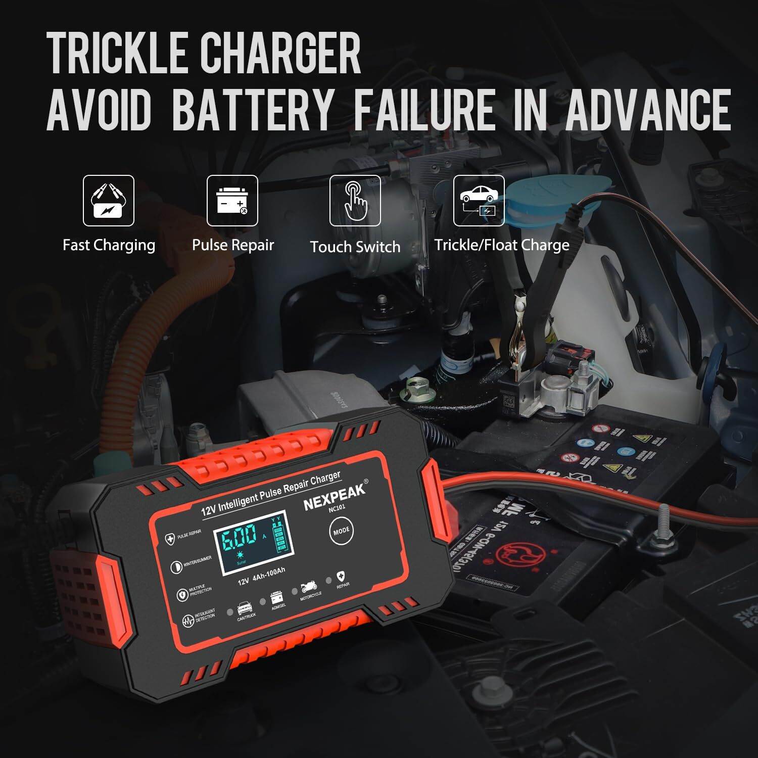 Nexpeak Nc101 Car Battery Charger, Smart Battery Trickle Charger 12V 6A Automotive Battery Maintainer Desulfator With Temp Compensation For Car Truck Motorcycle Lawn Mower Marine Lead Acid Batteries