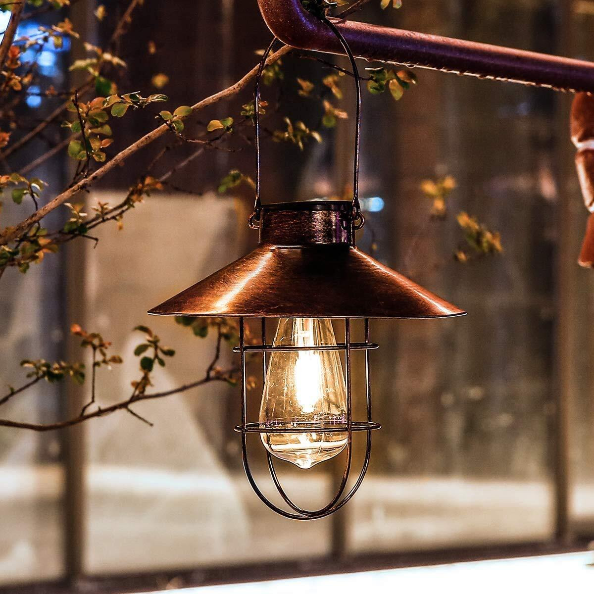Solar Lantern Outdoor Hanging Light- Waterproof Vintage Metal Solar Lantern Light With Warm White Edison Bulb Decorative For Patio, Backyard, Porch, Yard