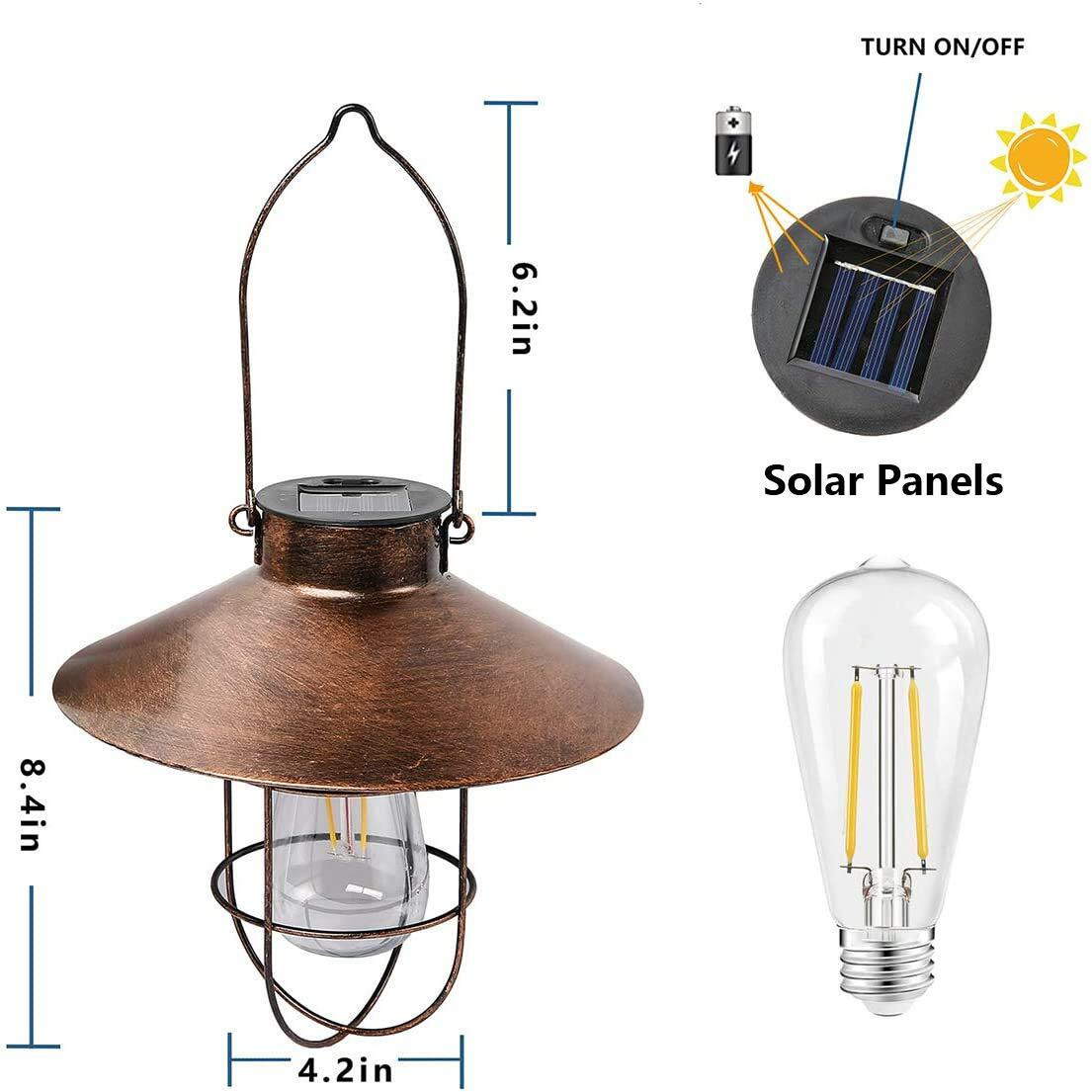 Solar Lantern Outdoor Hanging Light- Waterproof Vintage Metal Solar Lantern Light With Warm White Edison Bulb Decorative For Patio, Backyard, Porch, Yard