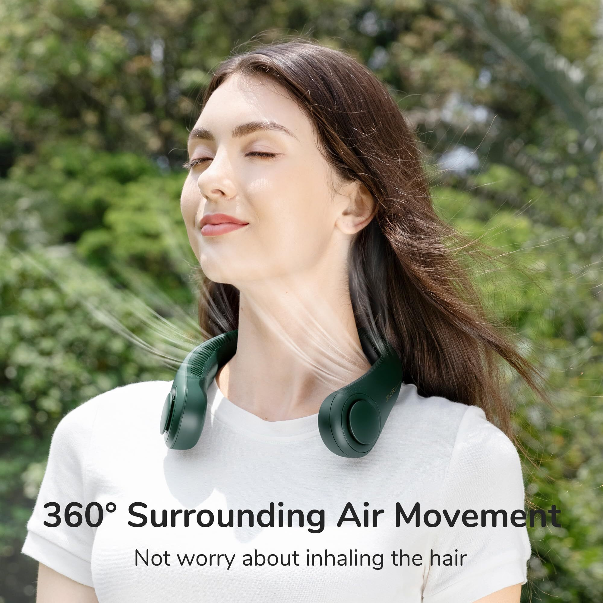 Jisulife Portable Neck Fan, Hands-Free Bladeless, 5 Speeds, 4000 Mah Battery Operated Wearable Personal Fan, Twistable, Rechargeable, Gift For Women Men-Dark Green