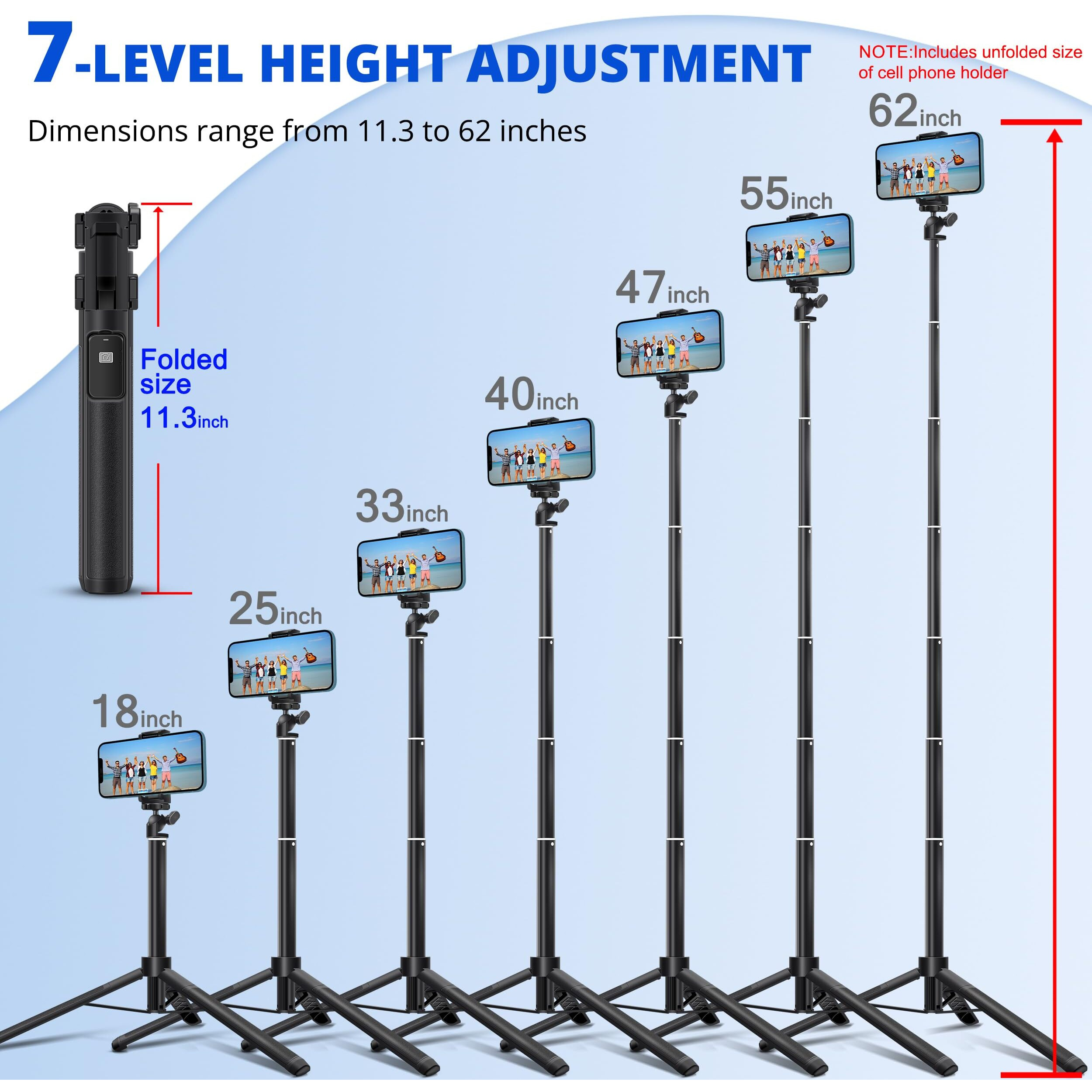 Bluehorn Extendable 62 Inches Aluminum Alloy Selfie Stick Phone Tripod Stand New Model With Wireless Remote Shutter Compatible With All Cell Phones/Live Stream/Vlog/Iphone 16/15/14/13/Android