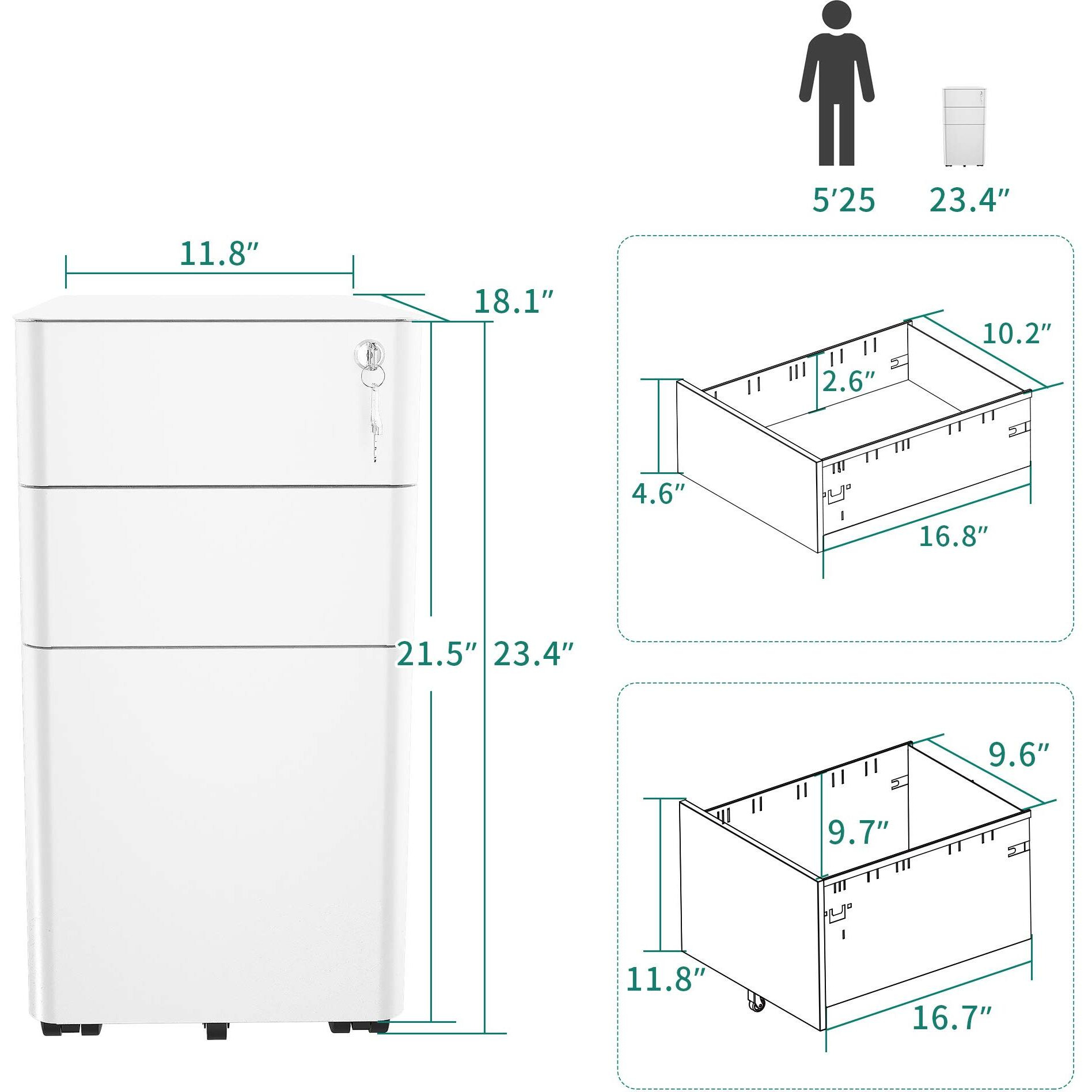 Yitahome 3-Drawer Slim File Cabinet With Lock, Mobile Metal Office Storage Filing Cabinet, Legal/Letter Size, Pre-Assembled File Cabinet Except Wheels Under Desk - White