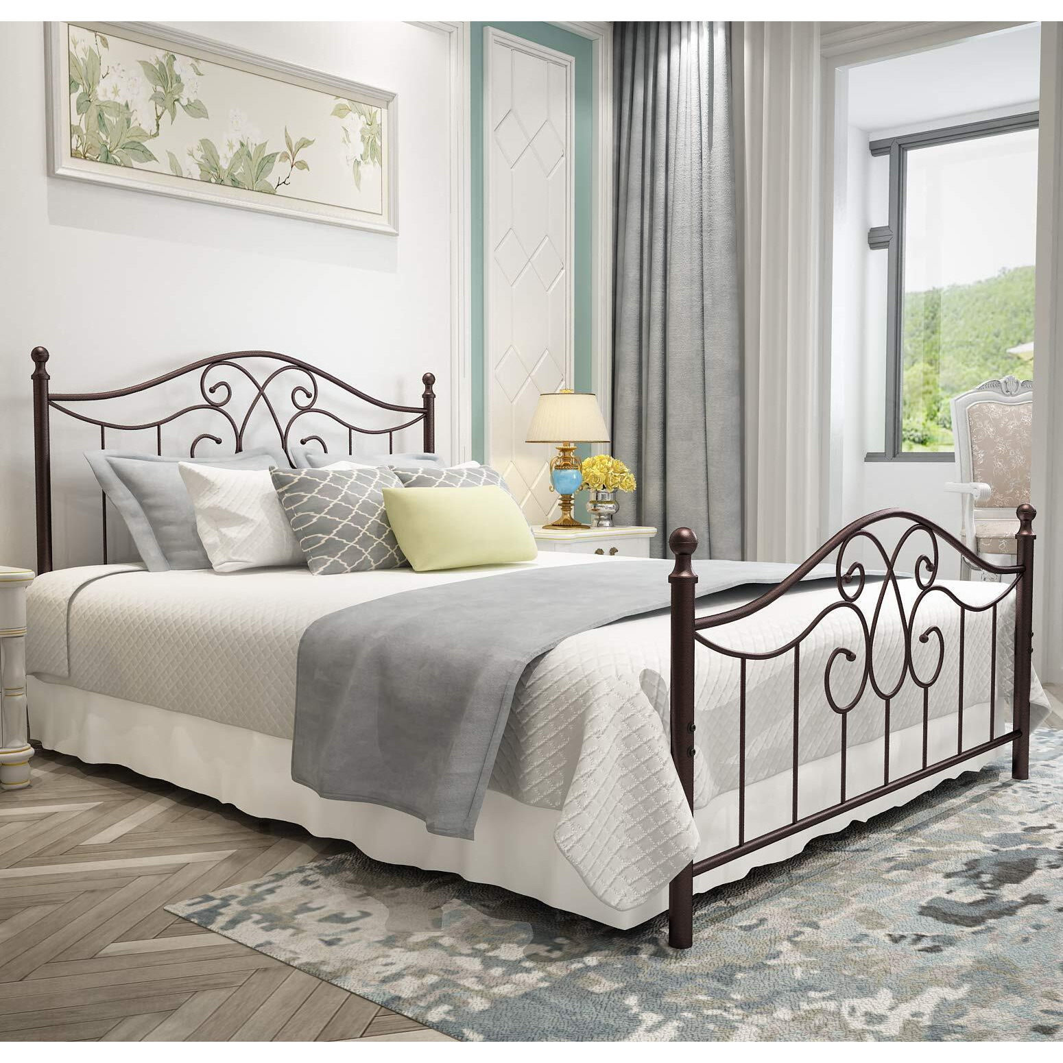 Yerperfo Vintage Sturdy Metal Bed Frame Queen Size With Vintage Headboard And Footboard Platform Base Bed Frame No Box Spring Needed Steel Bed (Antique Brown,Queen)
