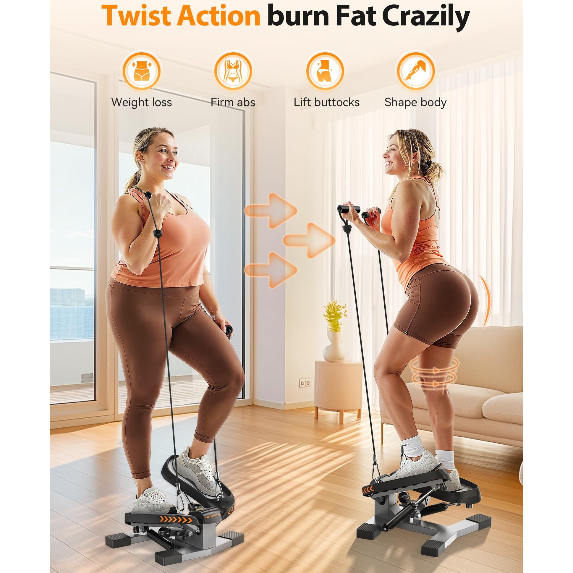 Sportsroyals Stair Stepper For Exercises-Twist Stepper With Resistance Bands And 330Lbs Weight Capacity