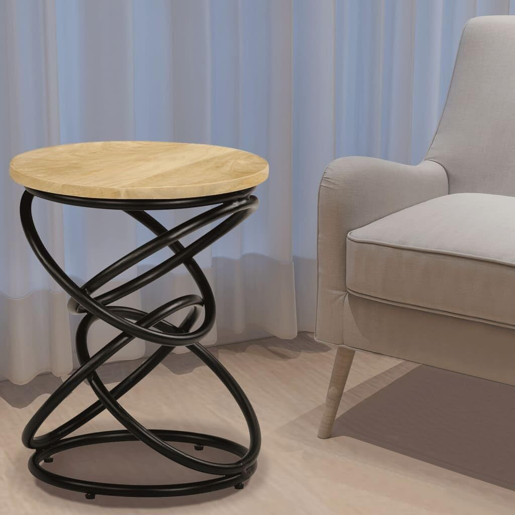 Vidaxl Industrial End Table With Solid Mango Wood Round Top, Iron Legs, Vintage, Fully Handmade, Polished And Lacquered, Ideal As Side Table Or Coffee Table, 15.7"&quotX19.7"" Brown And Black