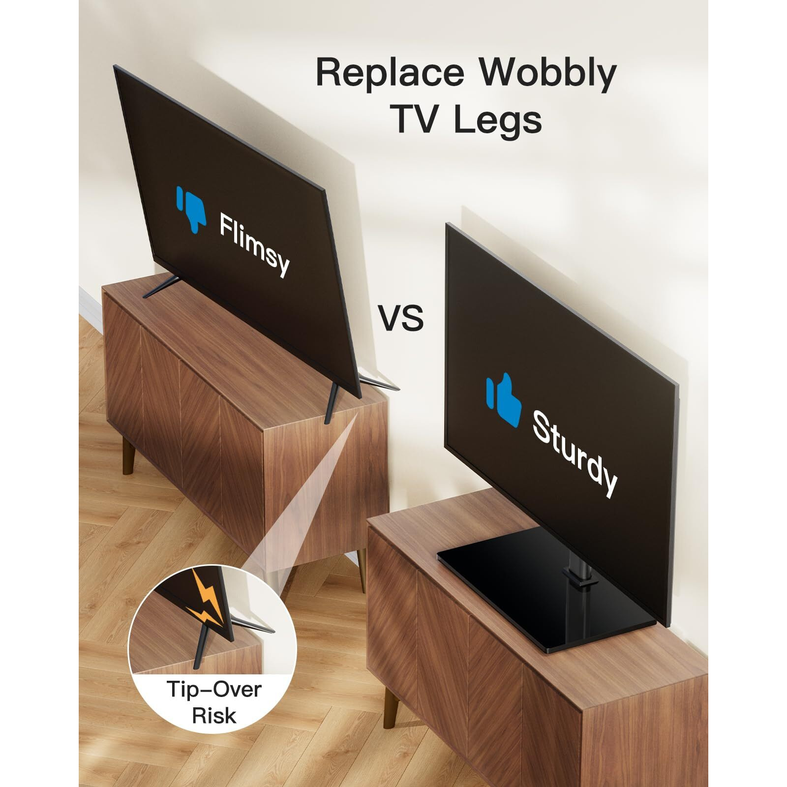 Perlesmith Universal Tv Stand - Table Top Tv Stand For 32-60 Inch Lcd Led Tvs - Height Adjustable Tv Base Stand With Tempered Glass Base & Wire Management, Vesa 400X400Mm Pstvs04