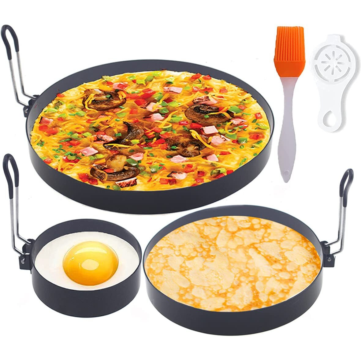 8"" Omelette Ring,6"" Pancake Ring,4"" Griddle Egg Ring,Non-Stick Stainless Steel Egg Cooker Omelet Ring Set(Upgrade Large 3 Packs Egg Cooking Rings For Griddle Frying Egg With Oil Brush & Egg Separator)