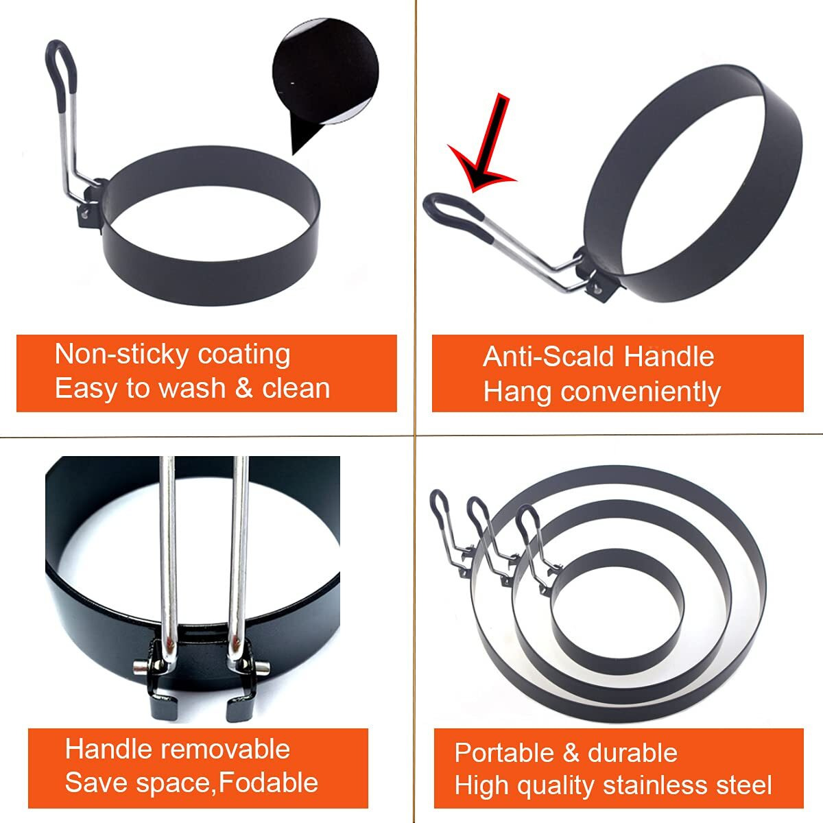 8"" Omelette Ring,6"" Pancake Ring,4"" Griddle Egg Ring,Non-Stick Stainless Steel Egg Cooker Omelet Ring Set(Upgrade Large 3 Packs Egg Cooking Rings For Griddle Frying Egg With Oil Brush & Egg Separator)