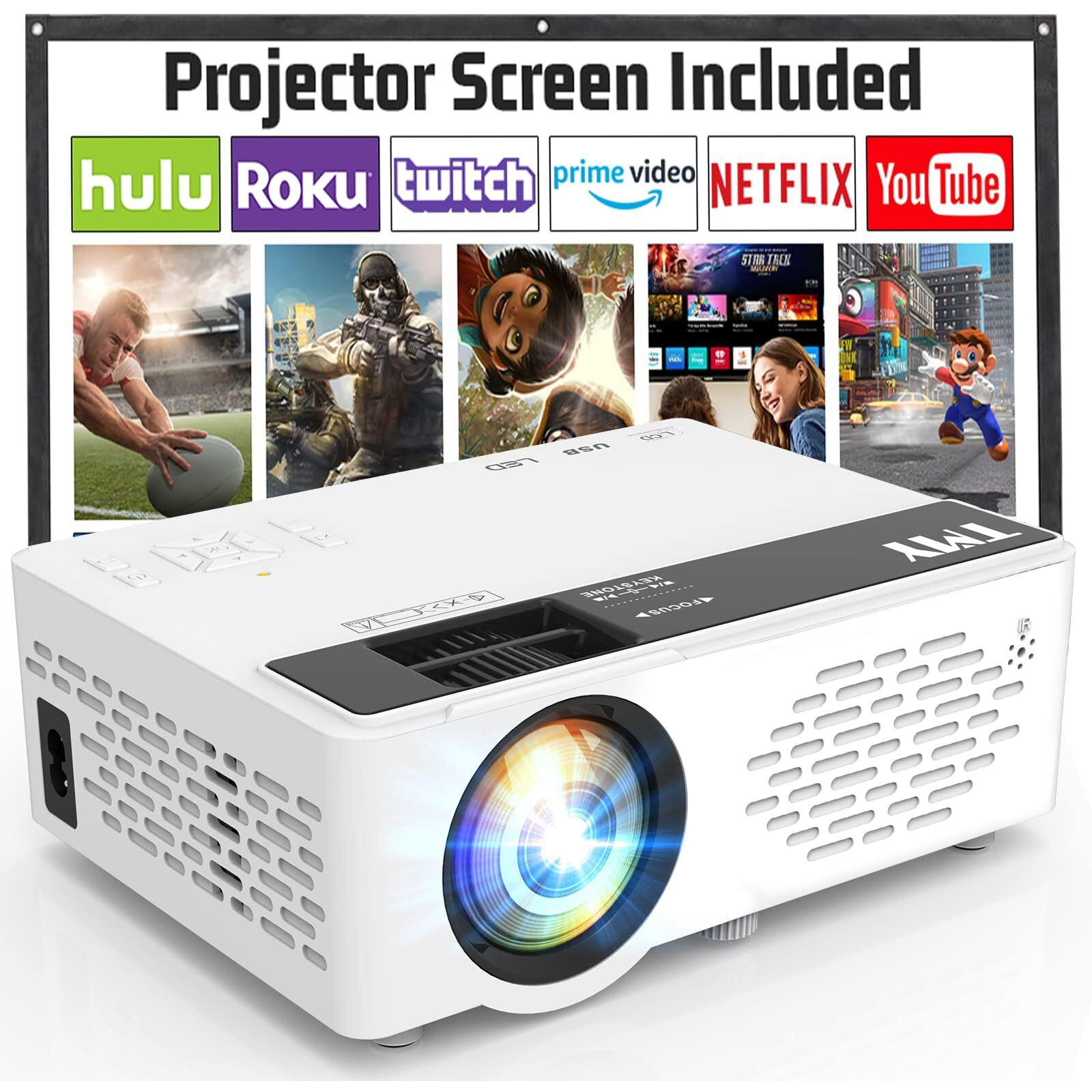 Tmy Mini Projector, Upgraded Bluetooth Projector With Screen, 1080P Full Hd Portable Projector, Movie Projector Compatible With Tv Stick Smartphone/Hdmi/Usb, Indoor & Outdoor Use