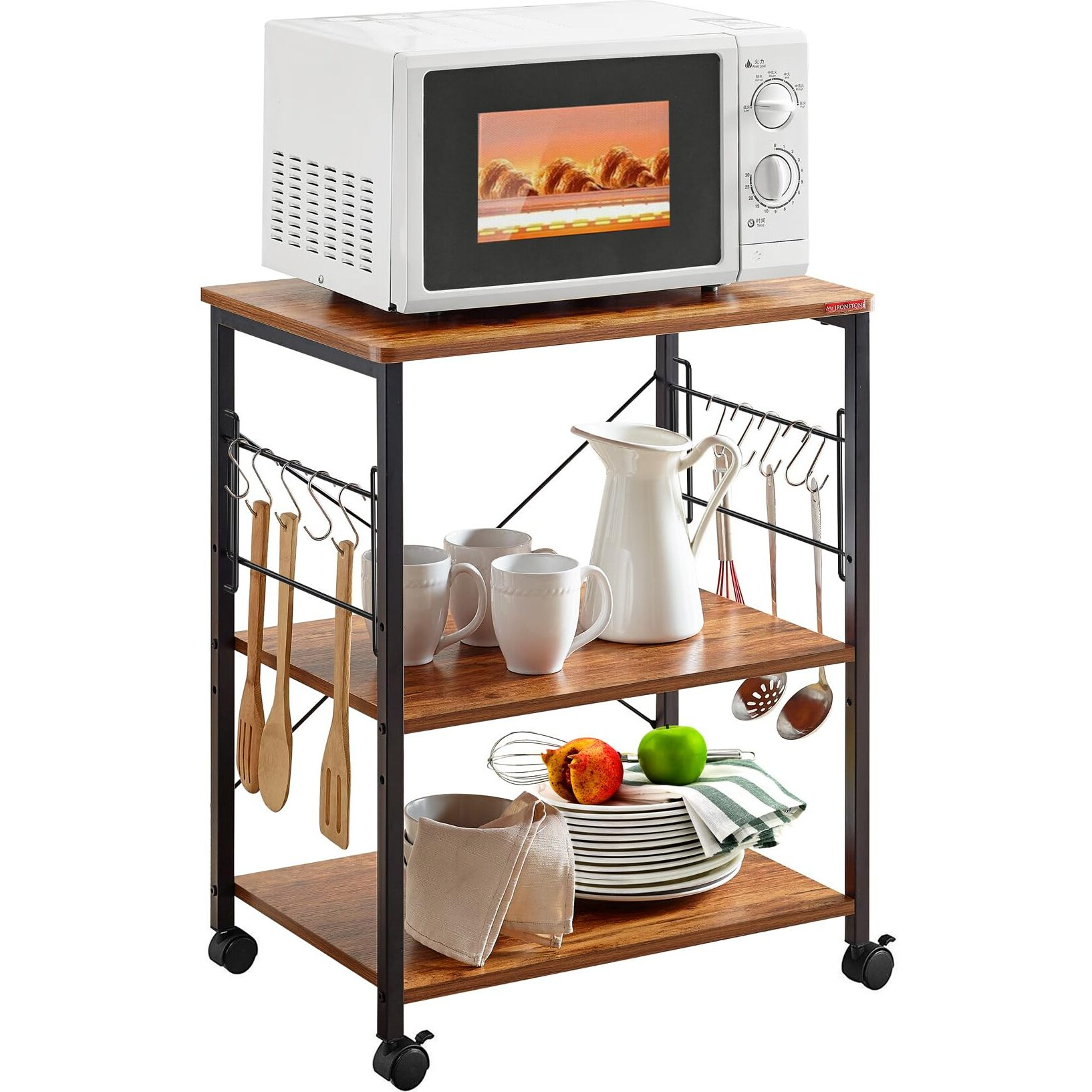 Mr Ironstone Microwave Cart 23.7'' For Small Space, 3-Tier Coffee Cart Rolling Kitchen Utility Cart Microwave Stand On Wheels, Vintage