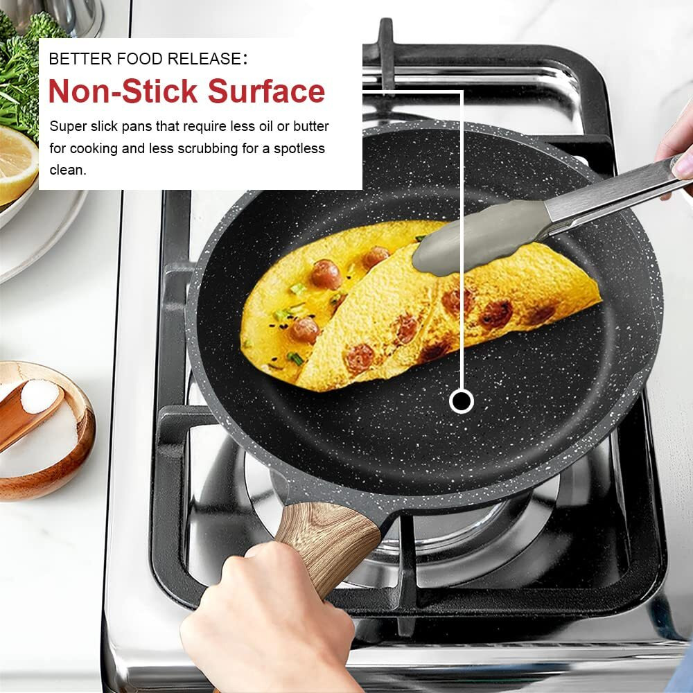 Caannasweis Nonstick Granite Frying Pan Skillet, Non Stick Omelette Fry Pans, Omelet Egg Pan, Stone Cookware Chef's Pan, Induction Compatible, Pfoa Free (Gray, 8 Inch With Lid)