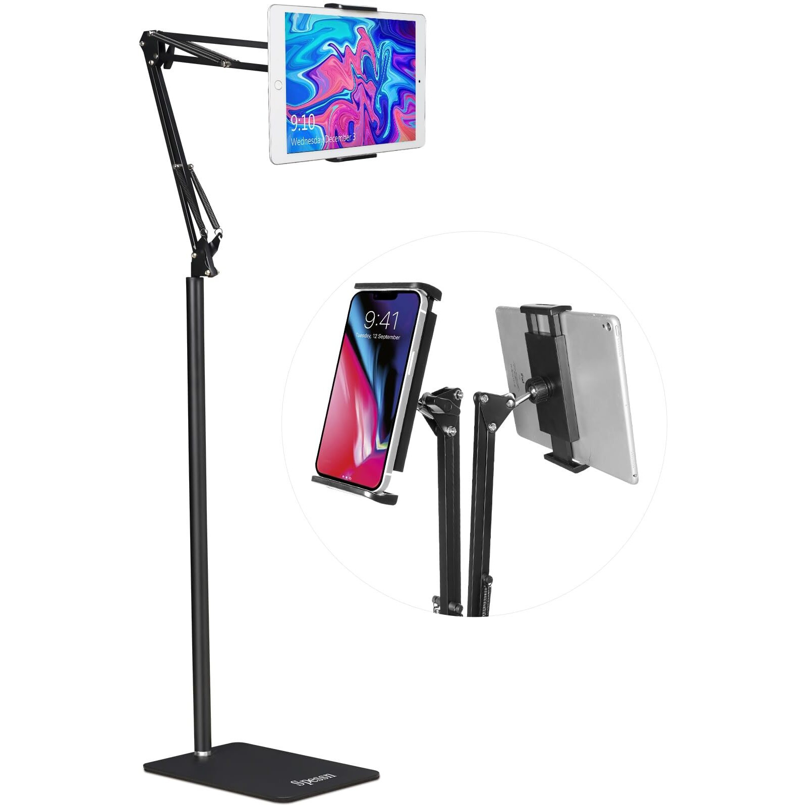 Spessn Adjustable Tablet Floor Stand Universal 360-Degree Rotatable Metal Tablet Holder Phone Stand For Ipad/Iphonex/Ipad Pro 4.5-12.9"" Inch-Screen, Phone, Kindle(Black)