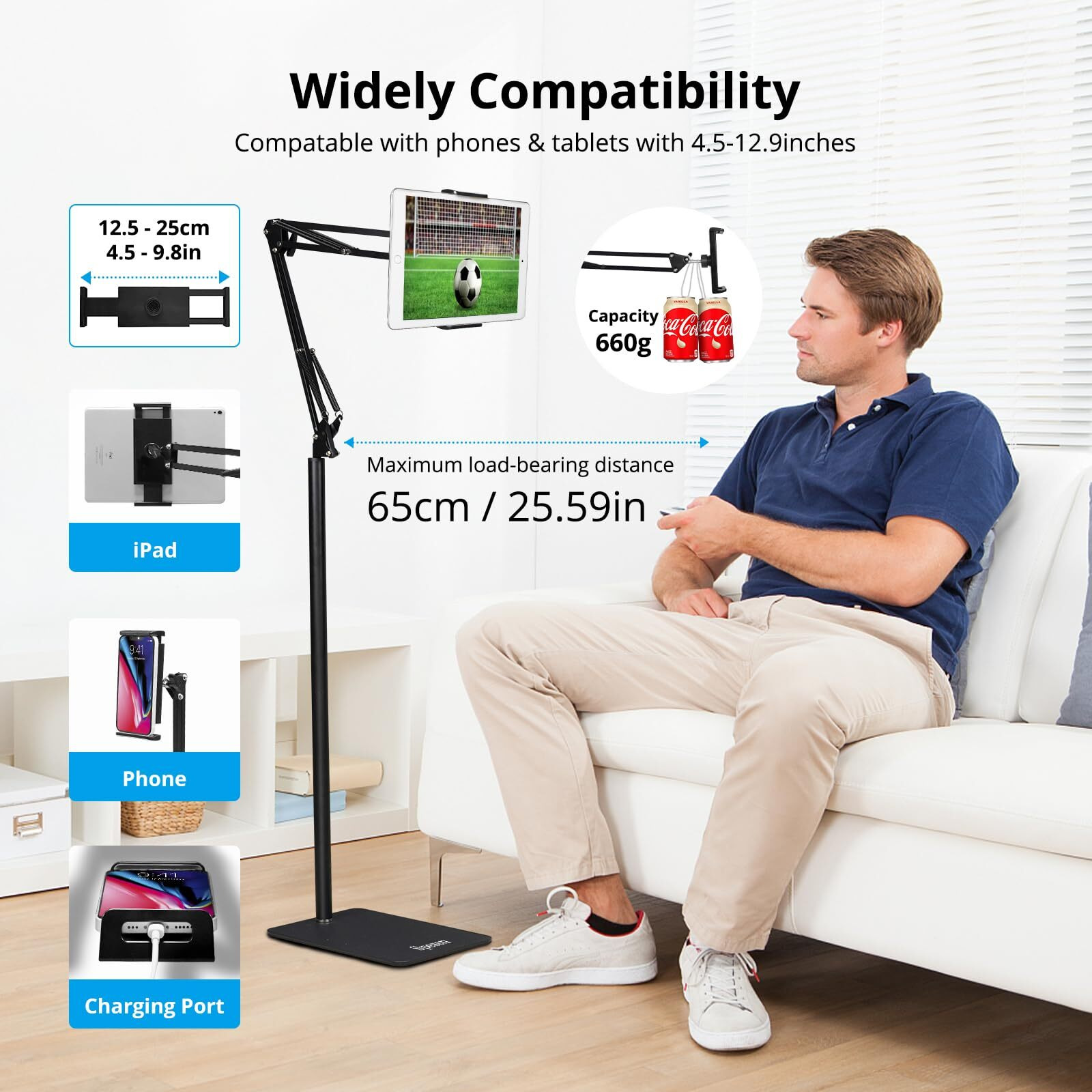 Spessn Adjustable Tablet Floor Stand Universal 360-Degree Rotatable Metal Tablet Holder Phone Stand For Ipad/Iphonex/Ipad Pro 4.5-12.9"" Inch-Screen, Phone, Kindle(Black)