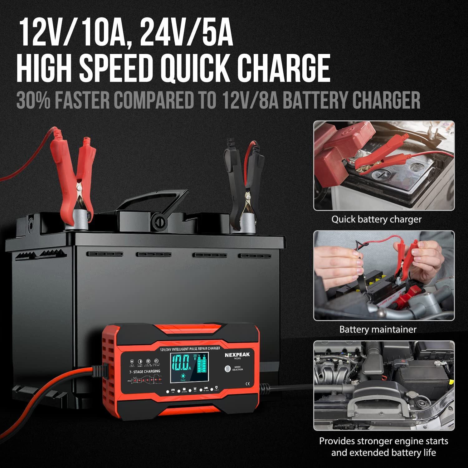 Nexpeak Nc201 10-Amp Battery Charger, Smart Trickle Charger 12V 24V Car Battery Charger Fully Automatic Maintainer Desulfator W/Temp Compensation For Car Truck Lawn Mower Boat Marine Batteries