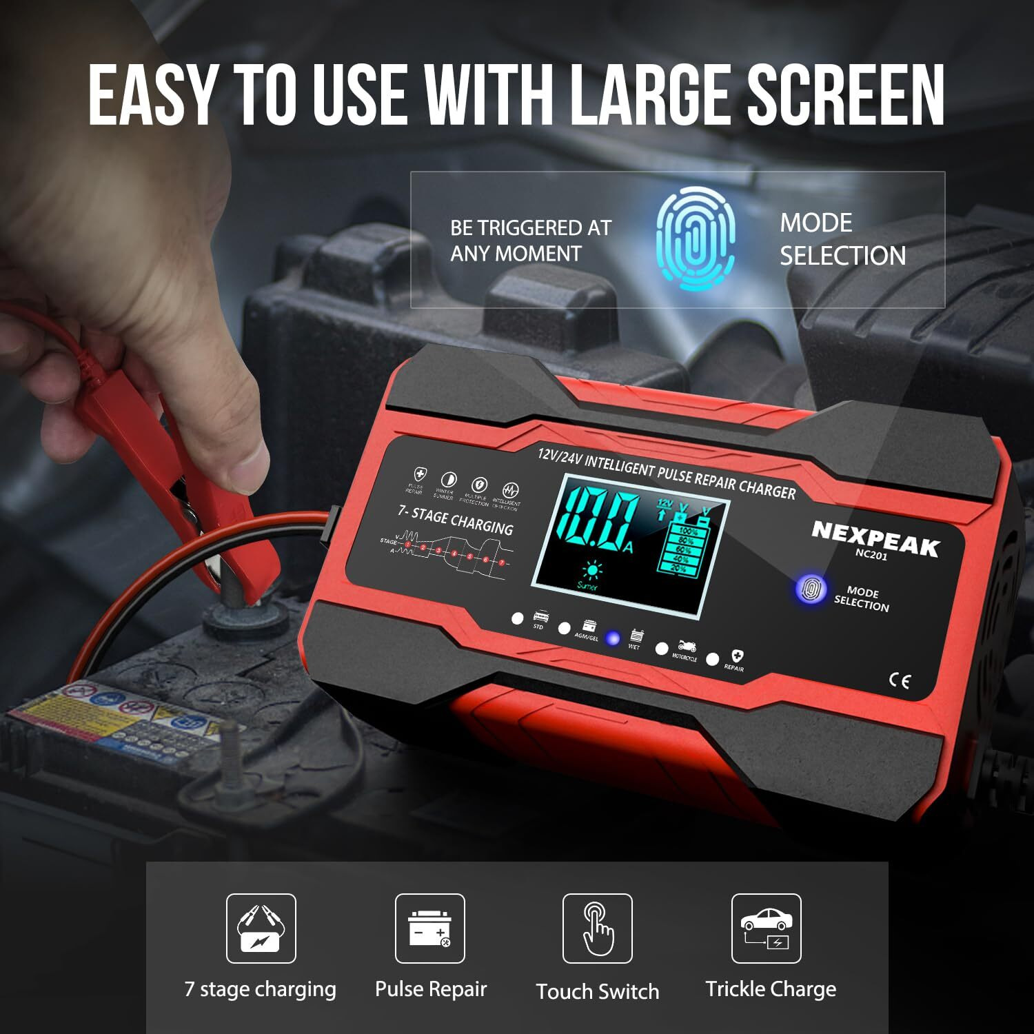 Nexpeak Nc201 10-Amp Battery Charger, Smart Trickle Charger 12V 24V Car Battery Charger Fully Automatic Maintainer Desulfator W/Temp Compensation For Car Truck Lawn Mower Boat Marine Batteries