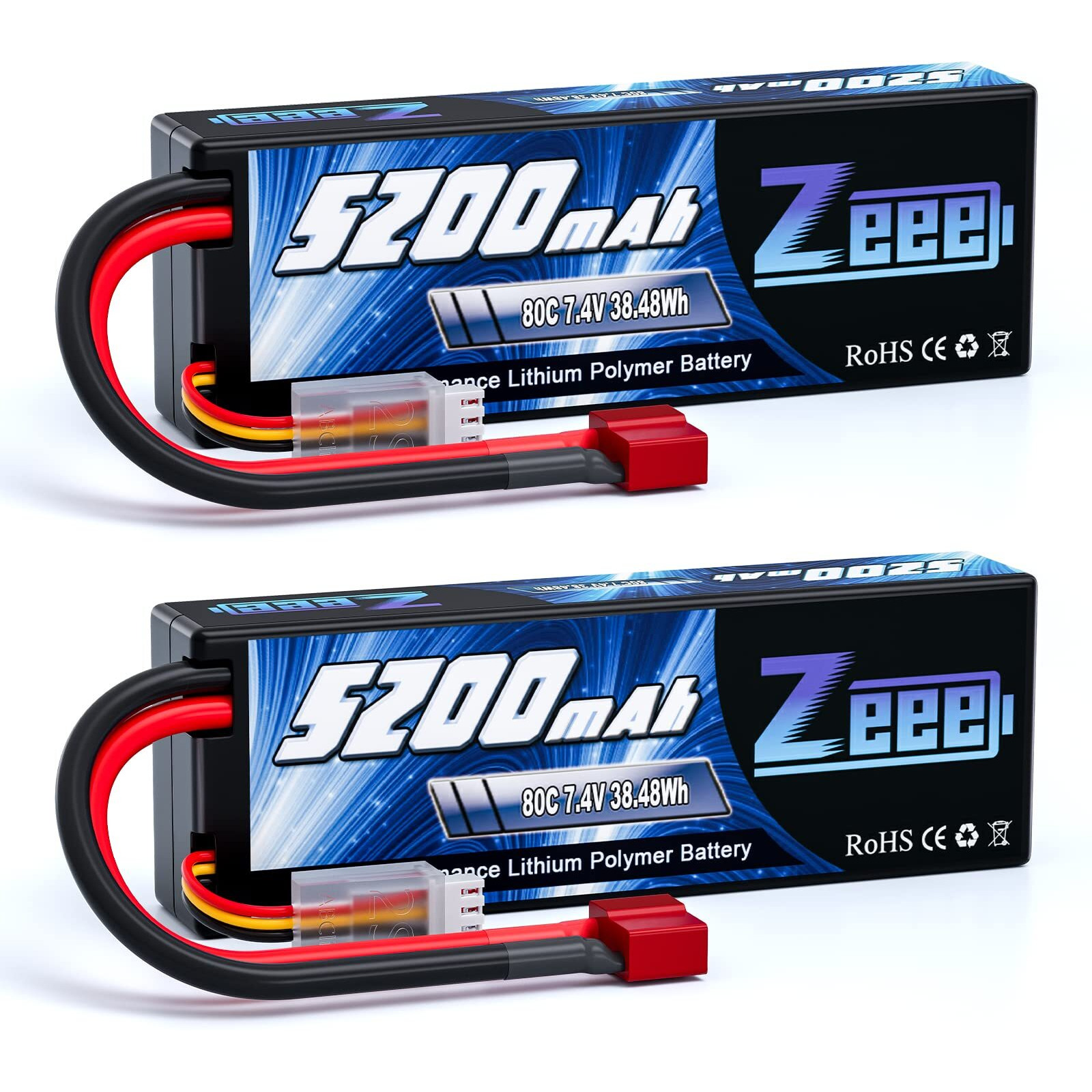 Zeee 2S 5200Mah Lipo Battery 7.4V 80C Hard Case Battery With Deans Plug Compatible For 1/8 1/10 Rc Vehicles Car Slash Rc Buggy Truggy Rc Airplane Racing Models(2 Pack)