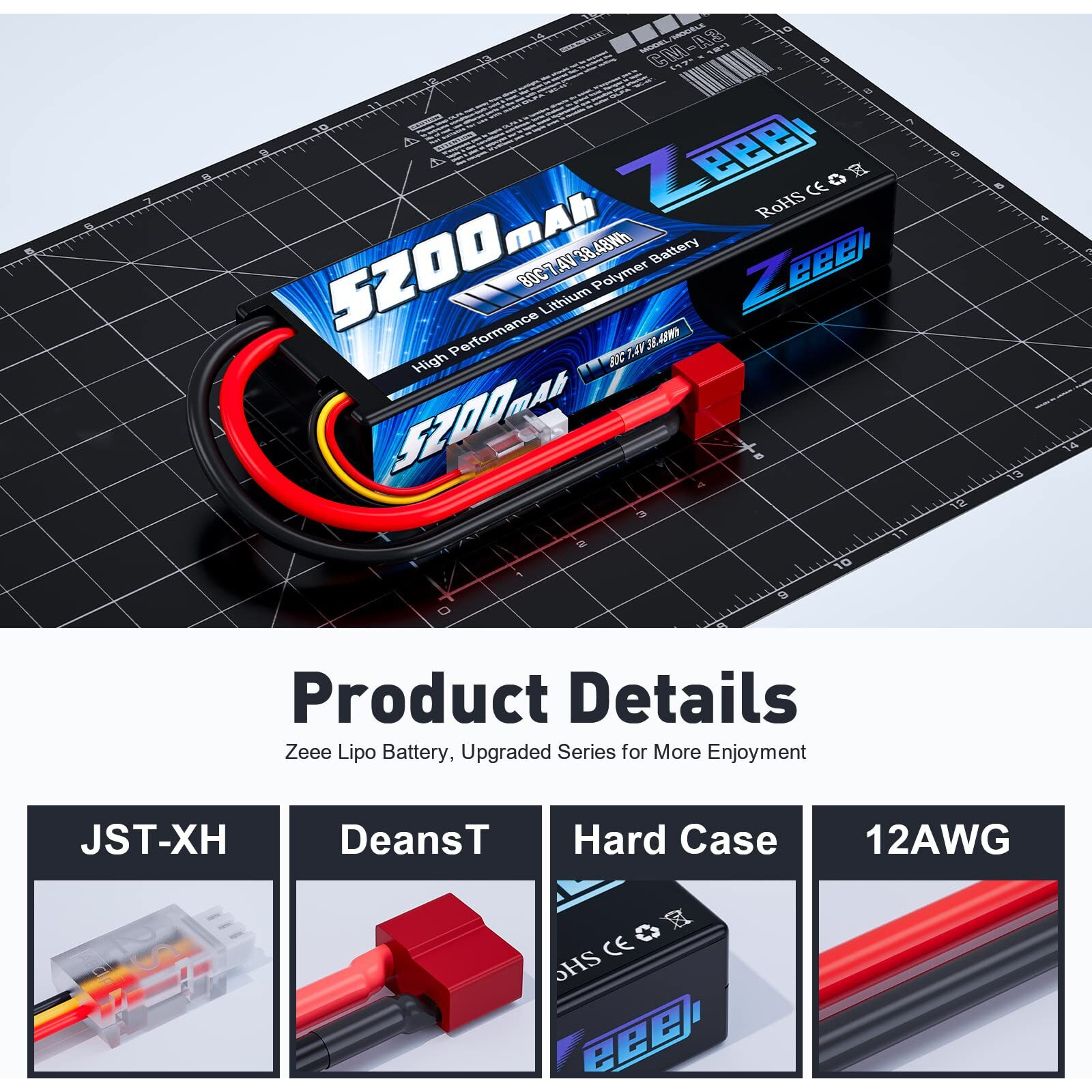 Zeee 2S 5200Mah Lipo Battery 7.4V 80C Hard Case Battery With Deans Plug Compatible For 1/8 1/10 Rc Vehicles Car Slash Rc Buggy Truggy Rc Airplane Racing Models(2 Pack)